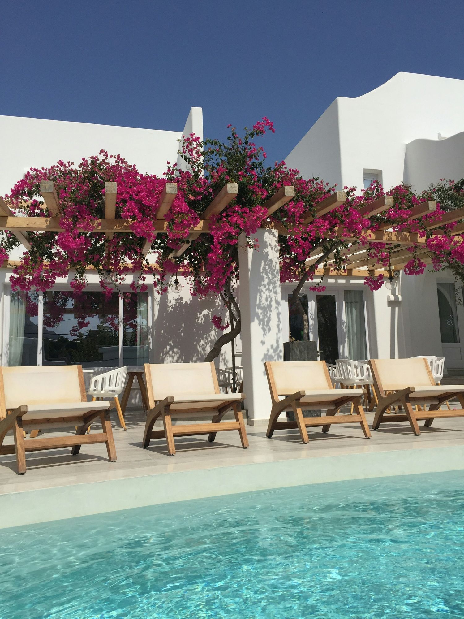 Luxurious swimming pool with turquoise water bordered by white walls and vibrant pink bougainvillea flowers in a resort setting.