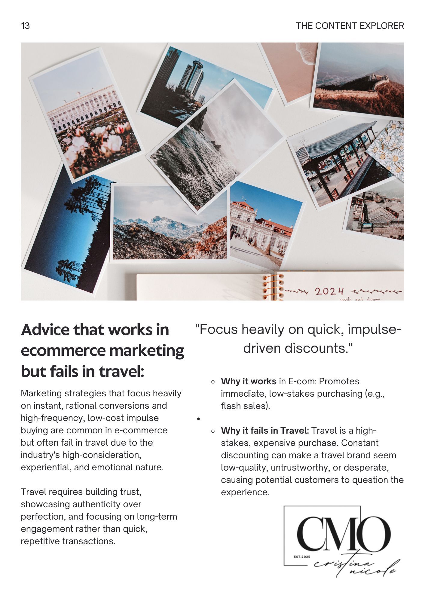 Marketing content layout featuring text snippets and scattered photographs on a white background with CMO branding.