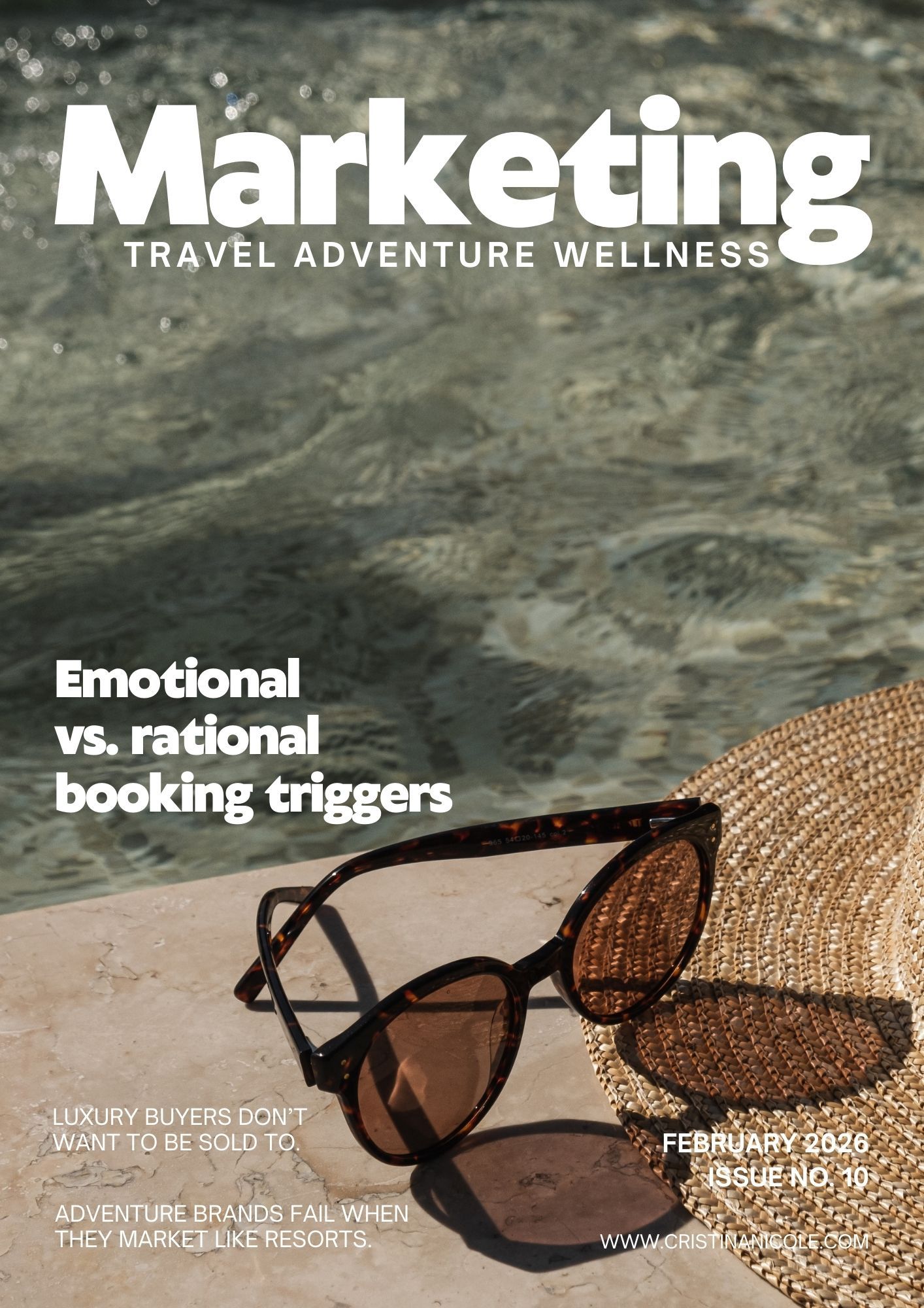 Travel magazine cover showing sunglasses and straw hat against water background with text about marketing and booking triggers.