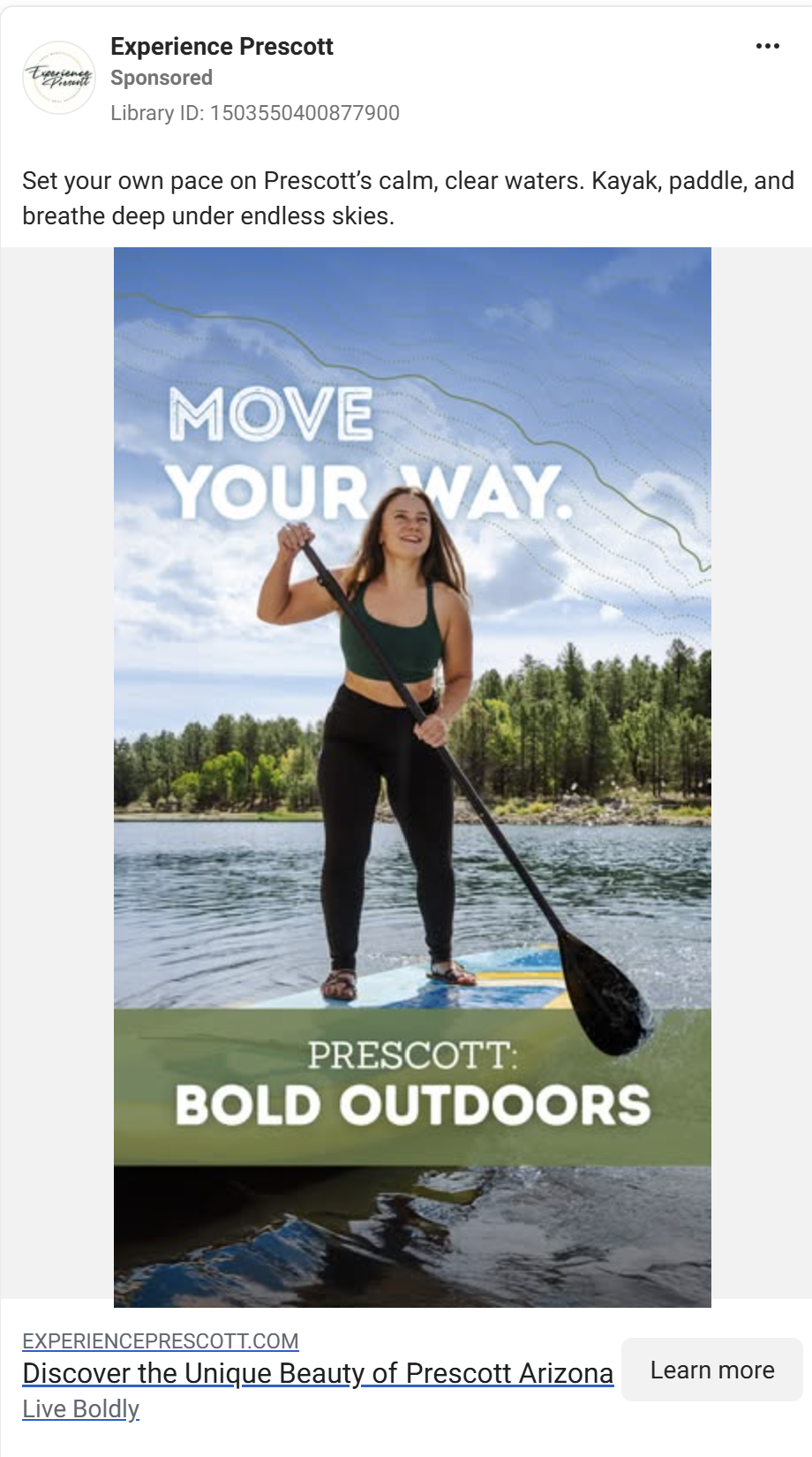 Advertisement for outdoor activities in Prescott Arizona showing paddleboarding on calm waters with forest backdrop.