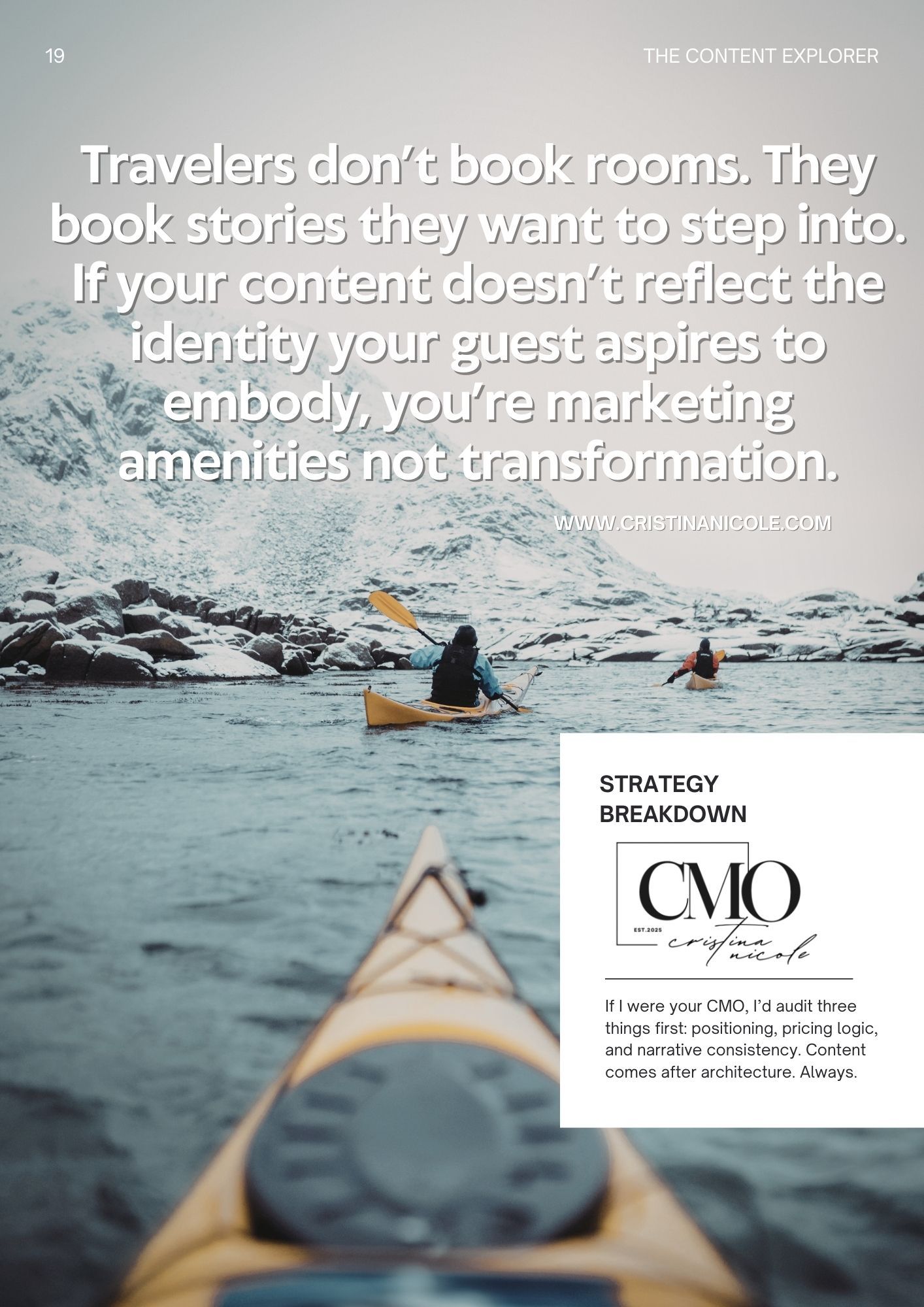 A series of kayaking images on snowy waters with text overlays about content marketing and strategy.
