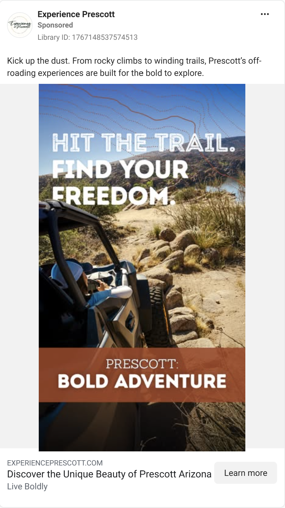 Off-road adventure vehicle navigating rocky desert trails near Prescott Arizona with scenic mountain views in background.