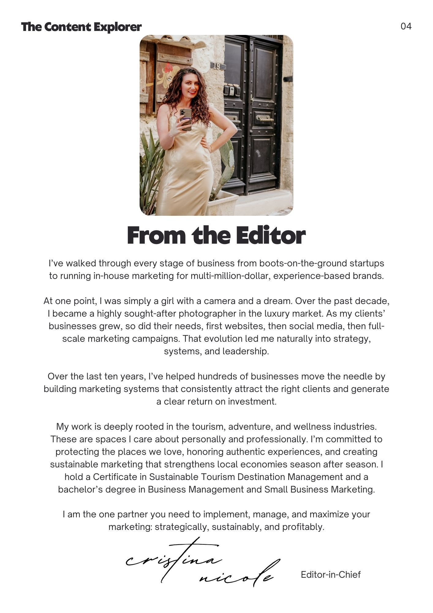 Magazine page layout showing editor's letter with signature and headshot photo in a modern, minimalist design.