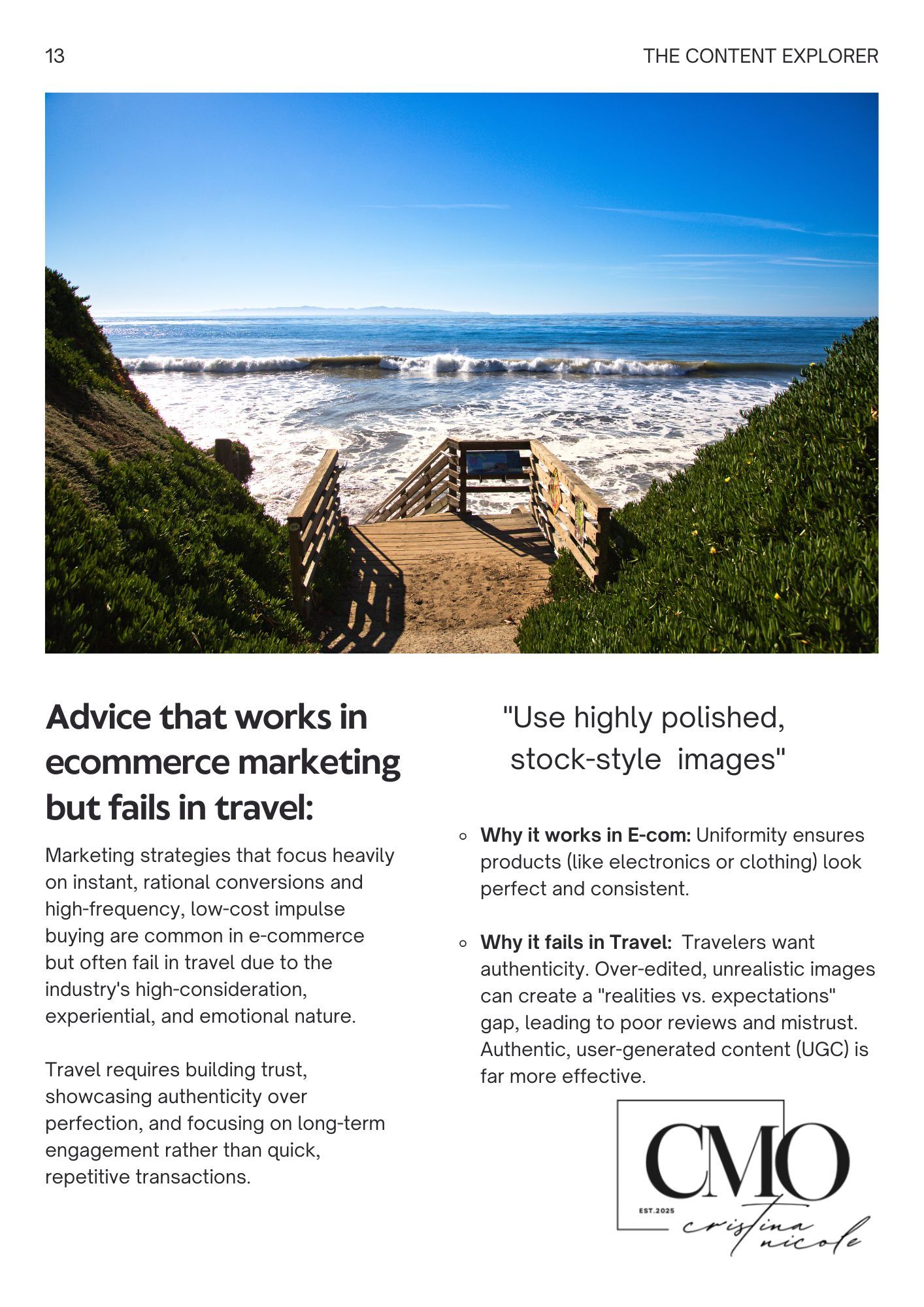 Marketing advice comparison showing ecommerce versus travel content strategies on a blue and white page layout.