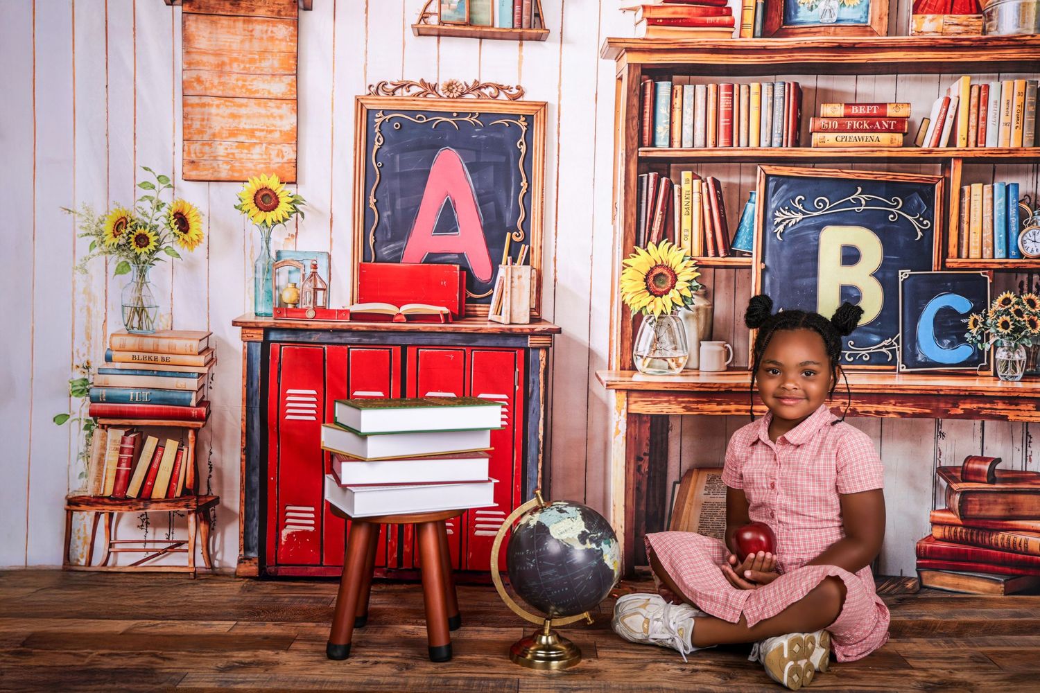 Vintage style back to school photoshoot of child reading room with bookshelves, alphabet letters and educational decor.