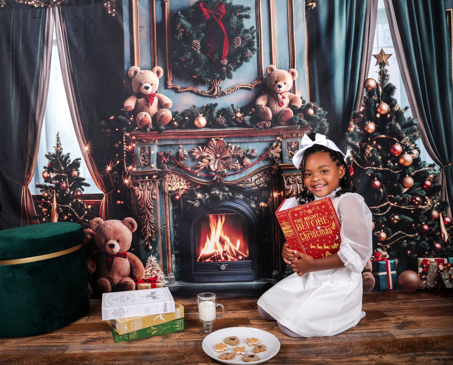 Cuddled up near a cozy holiday fireplace with teddy bears, milk and cookies, and decorated Christmas trees .