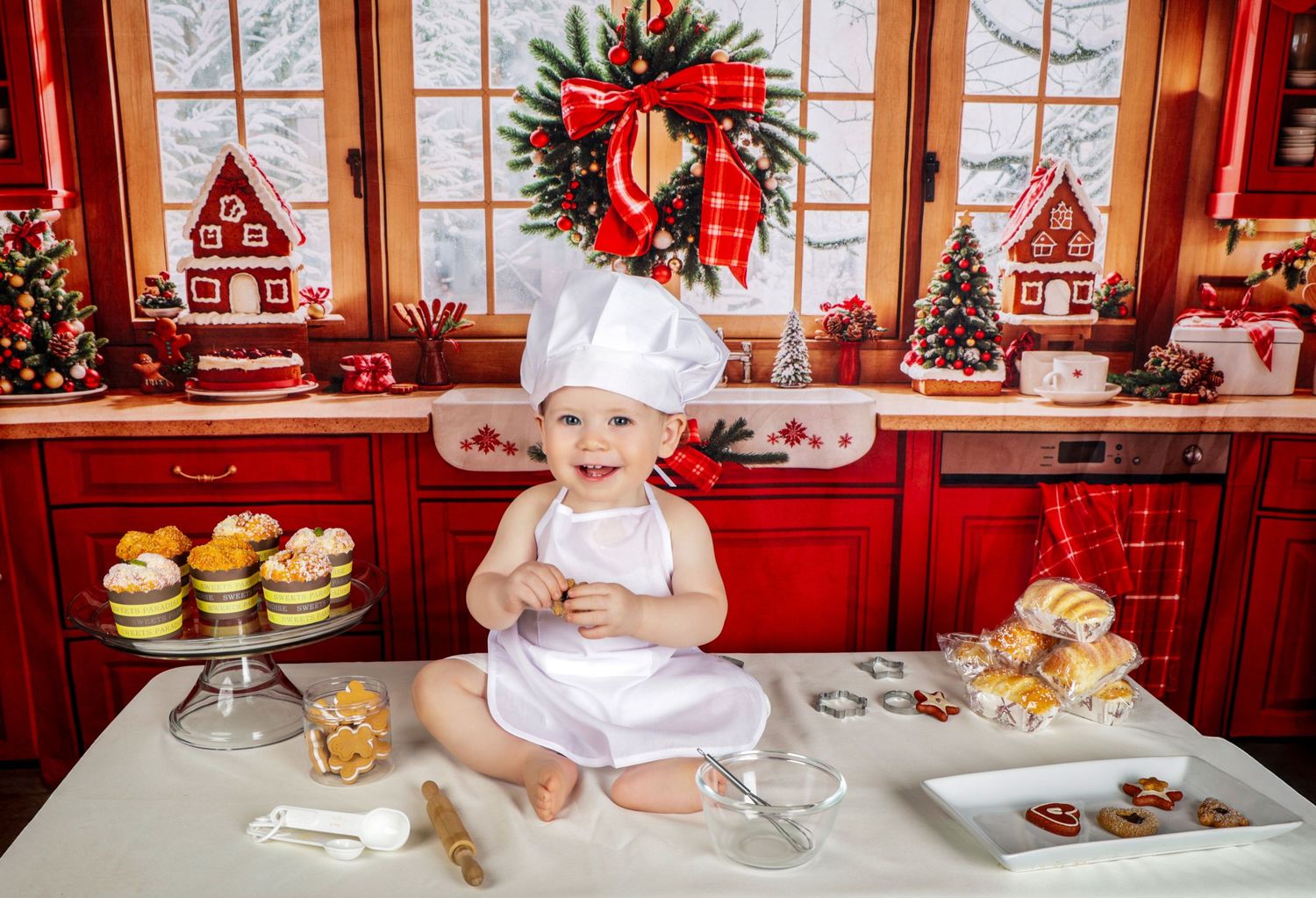 Infant festive bakery display with Christmas decorations, pastries, and treats arranged on a wooden counter in a cozy setting.