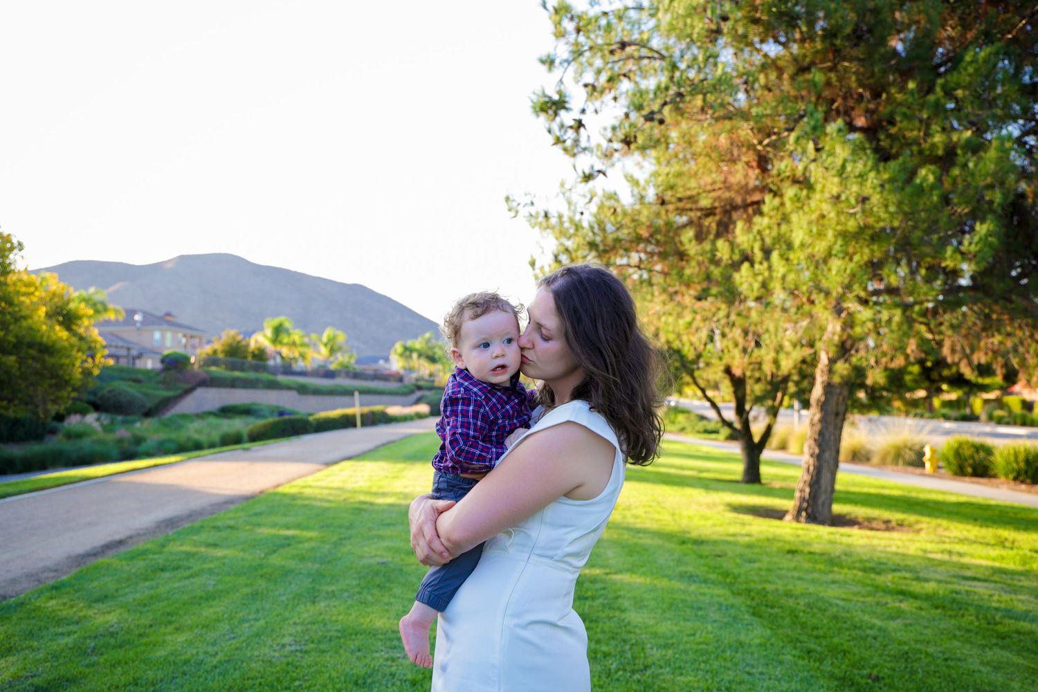 A series of outdoor family photos taken in a sunny park with rolling hills and green grass in the background.