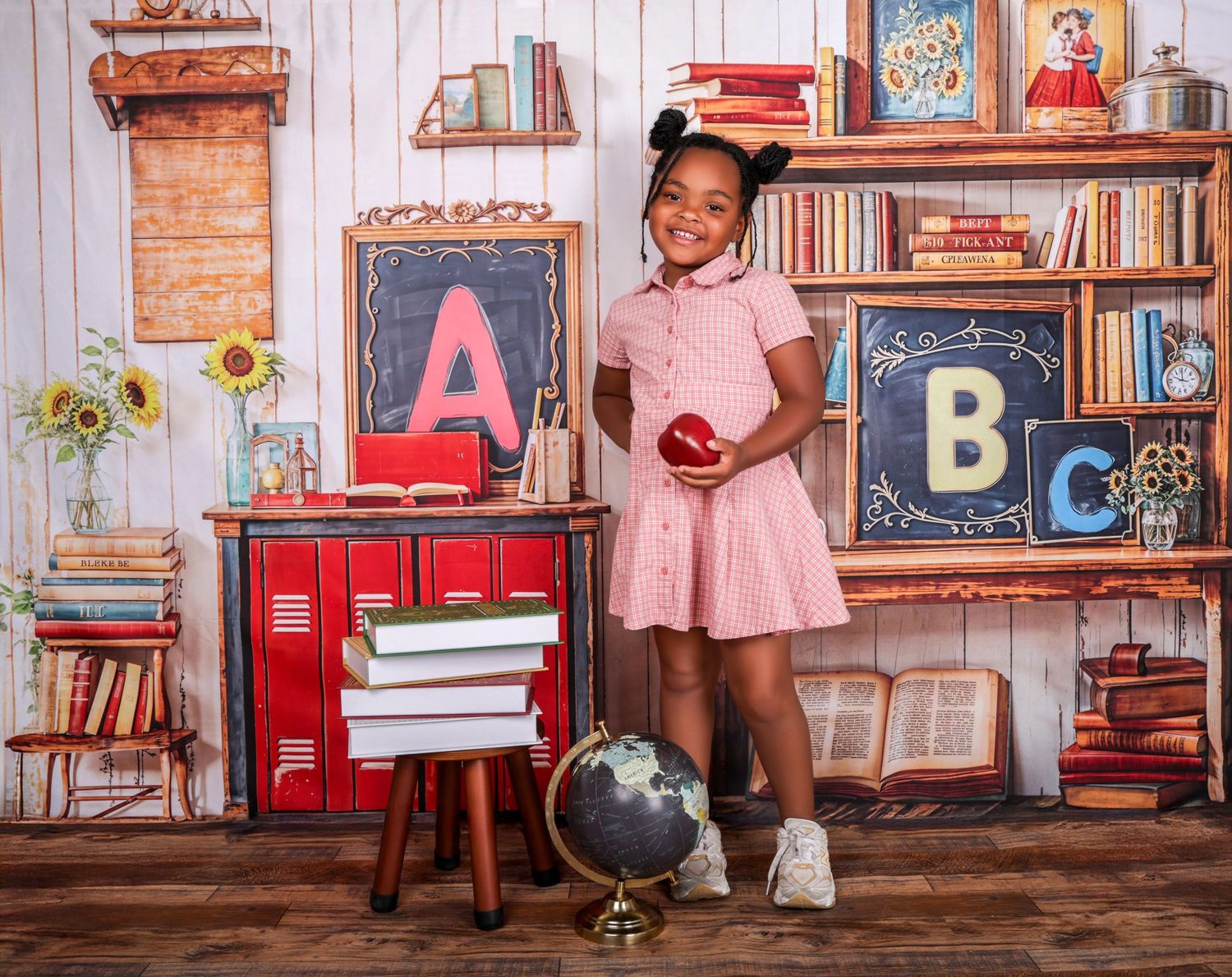 Vintage style back to school photoshoot of child reading room with bookshelves, alphabet letters and educational decor.