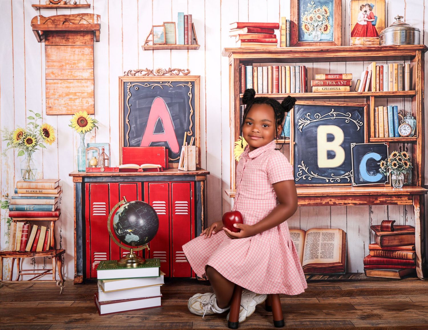 Vintage style back to school photoshoot of child reading room with bookshelves, alphabet letters and educational decor.