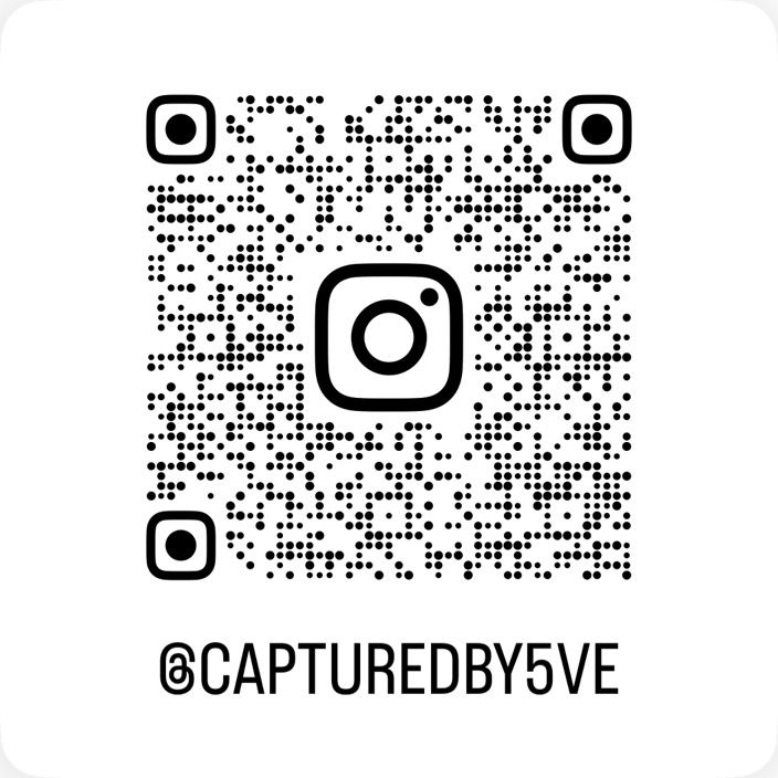 Social media QR code for @CAPTUREDBY5VE with square pattern design.