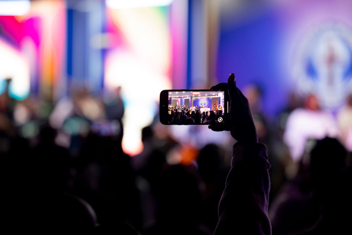 Silhouettes of concert attendees in a dark venue with colorful pink and blue stage lighting in the background.