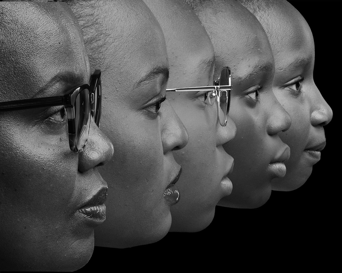 A dramatic black and white profile portrait series showing different angles and expressions.