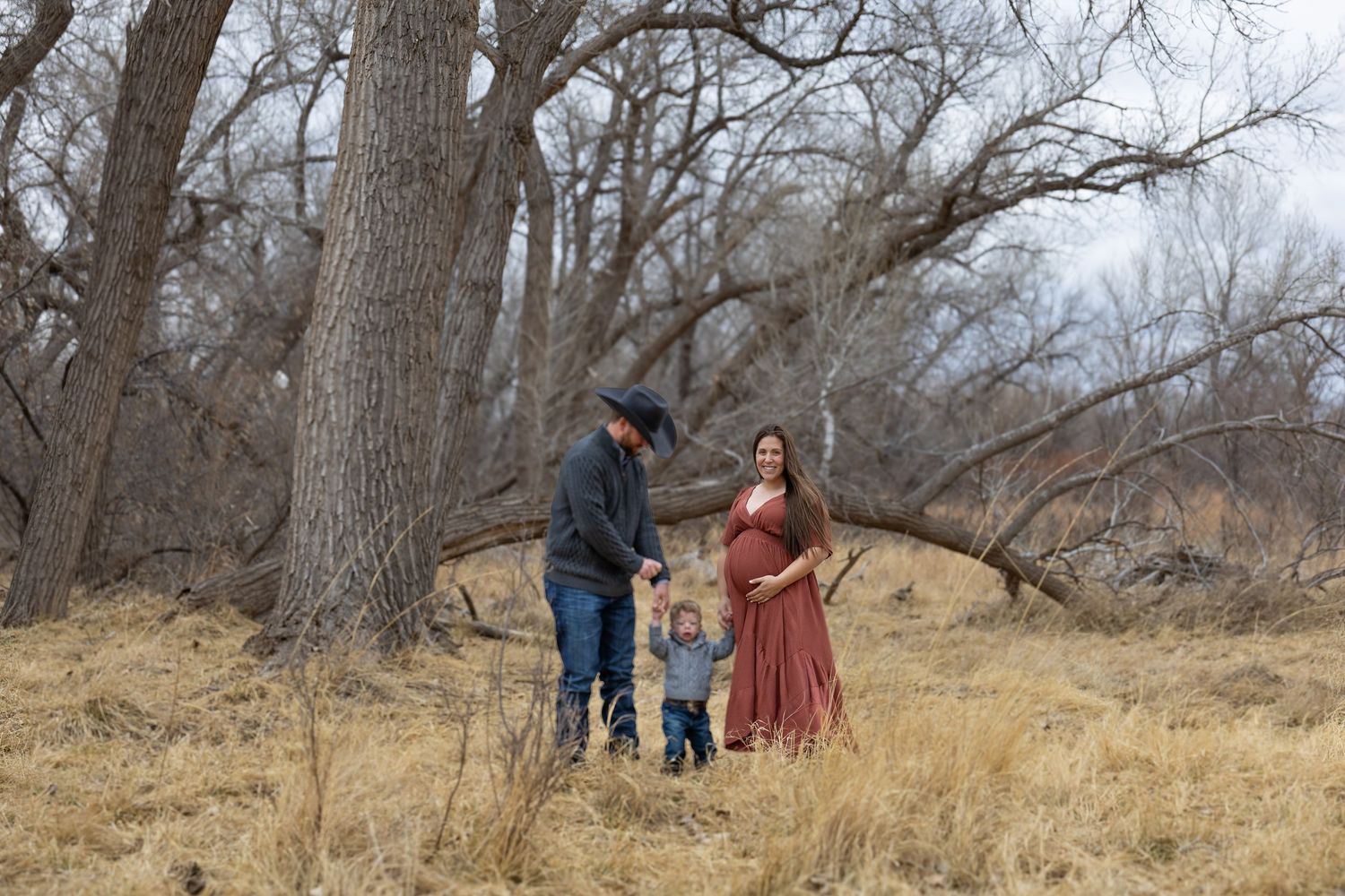 Family maternity photo with man, pregnant woman in rust dress, and toddler among bare trees.
