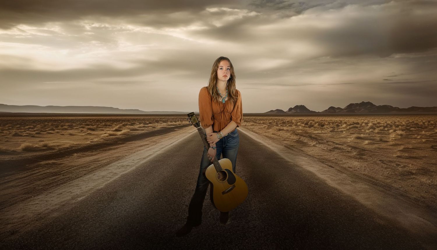 Woman with acoustic guitar stands on empty desert highway under dramatic stormy sky at dusk.