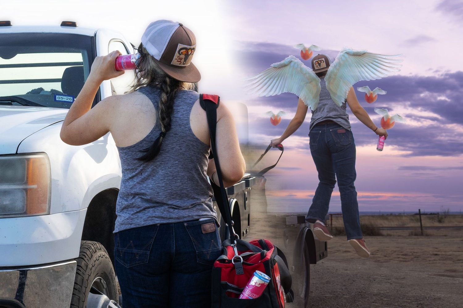 Woman standing by a truck with a creative double exposure of a person with colorful parrots at sunset.