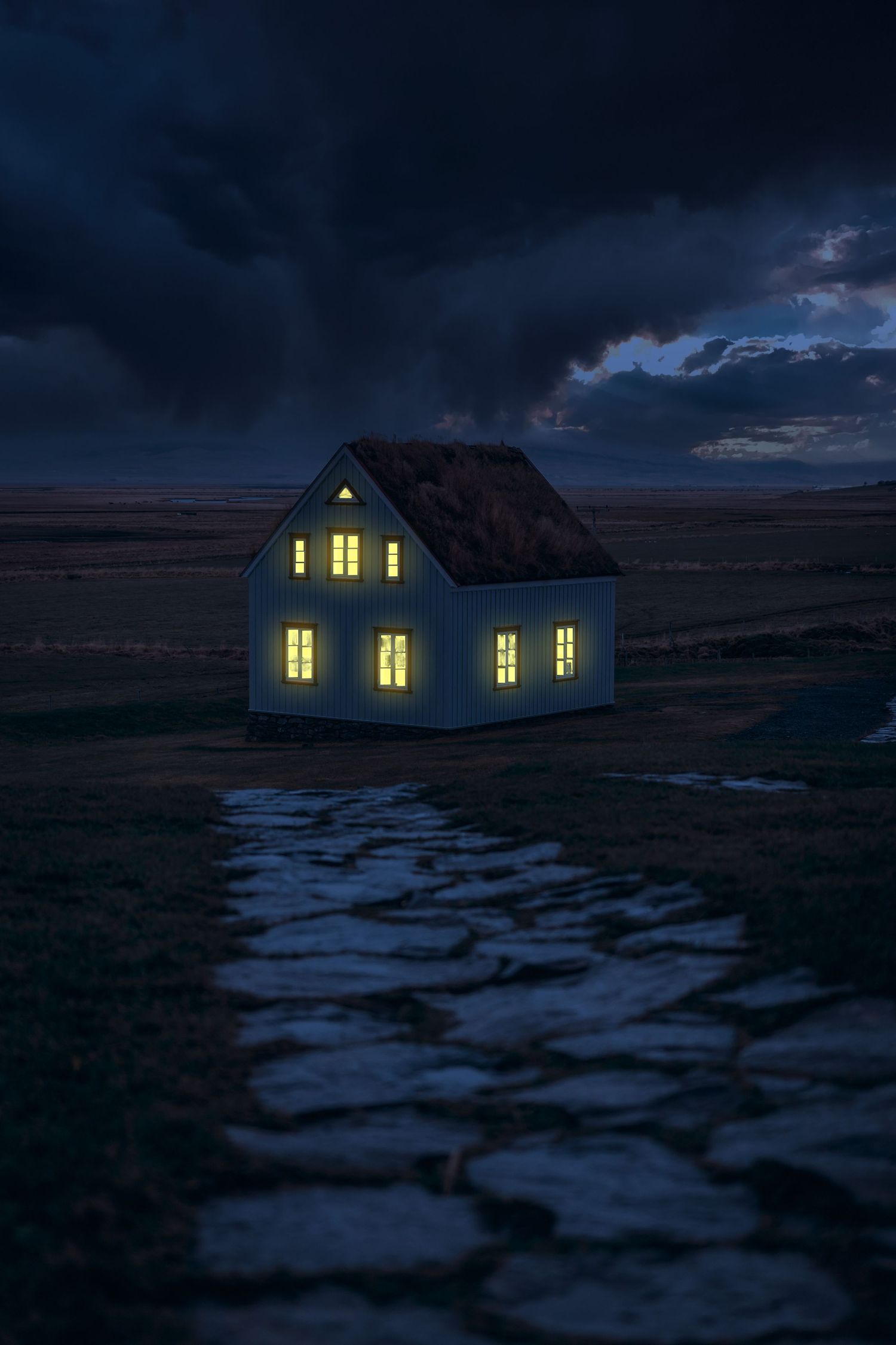 Glowing white house on a dark stormy night with a stone path leading to the front door.