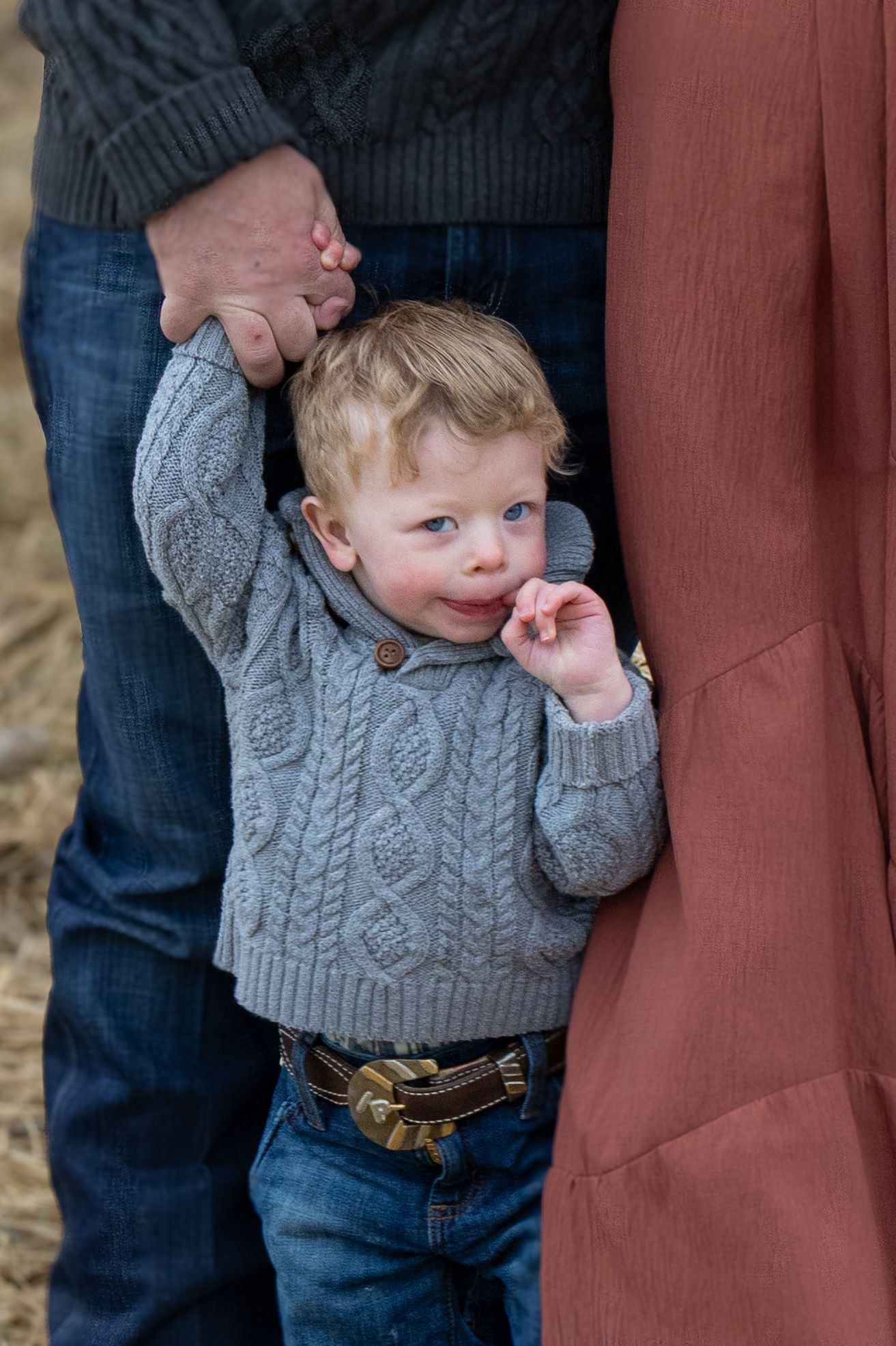 Blonde toddler in gray cable knit sweater holds parents hands between them outdoors.