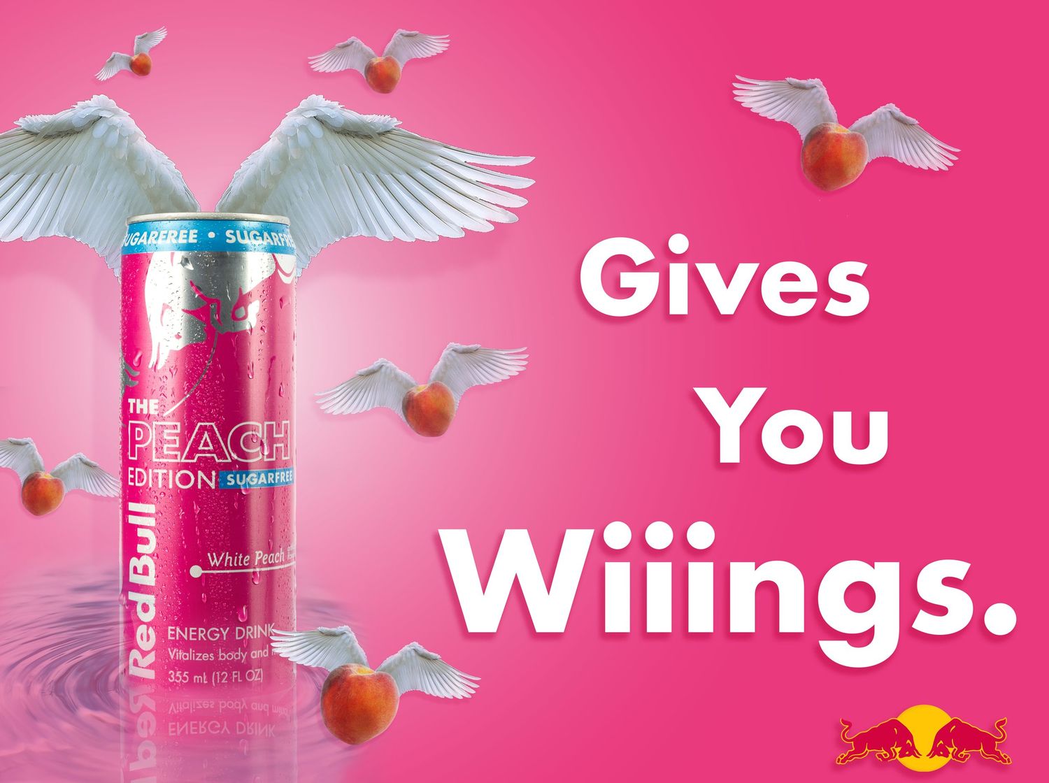 Red Bull Peach Edition Sugar-Free energy drink advertisement with wings and peaches on pink background.