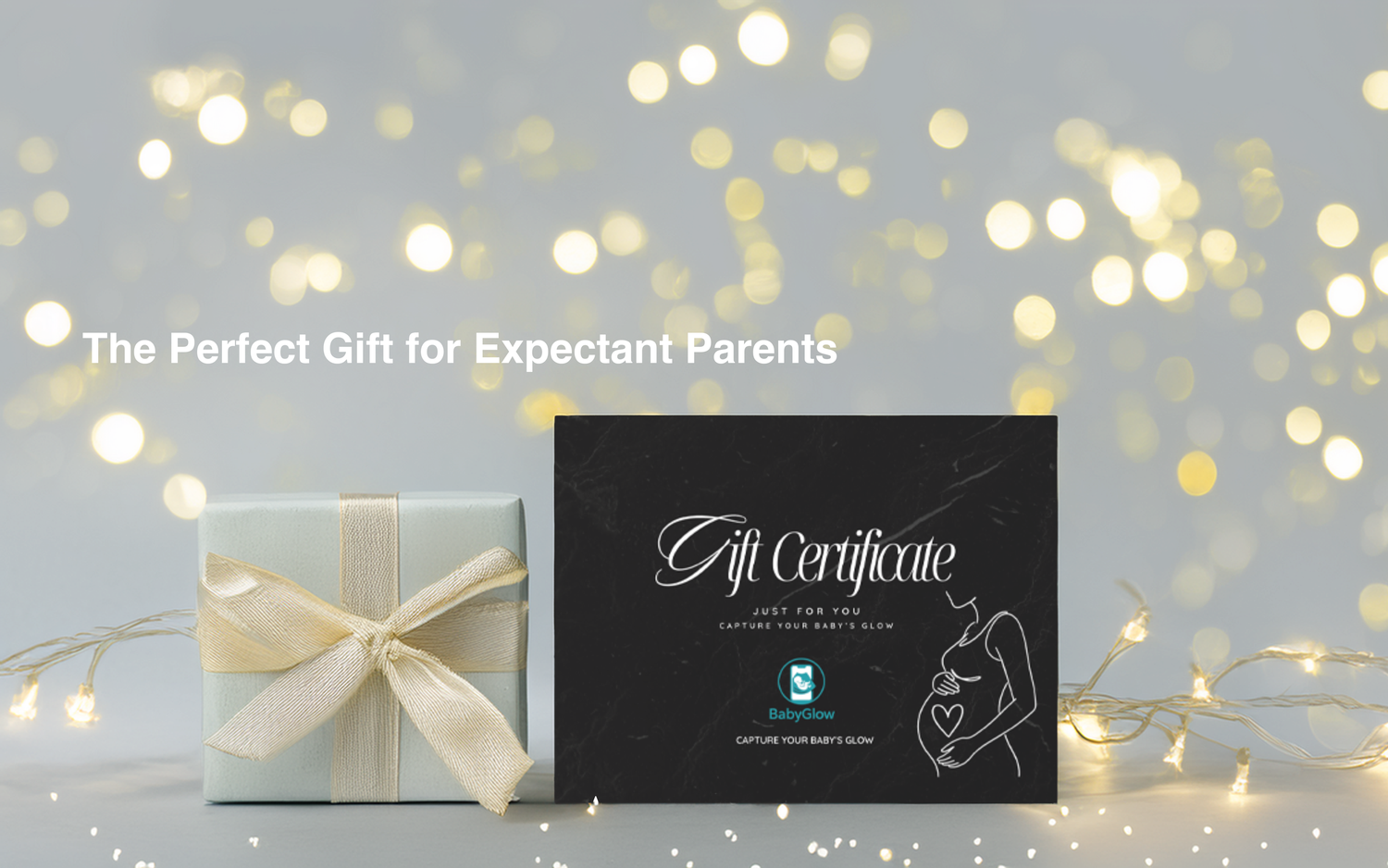Elegant gift certificate for expectant parents with bokeh lights and a wrapped present.
