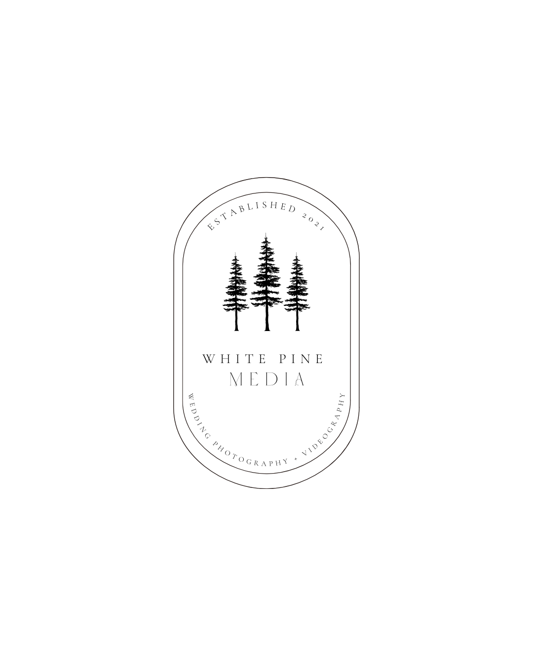 Minimalist logo designs featuring pine trees in circular and rectangular frames.