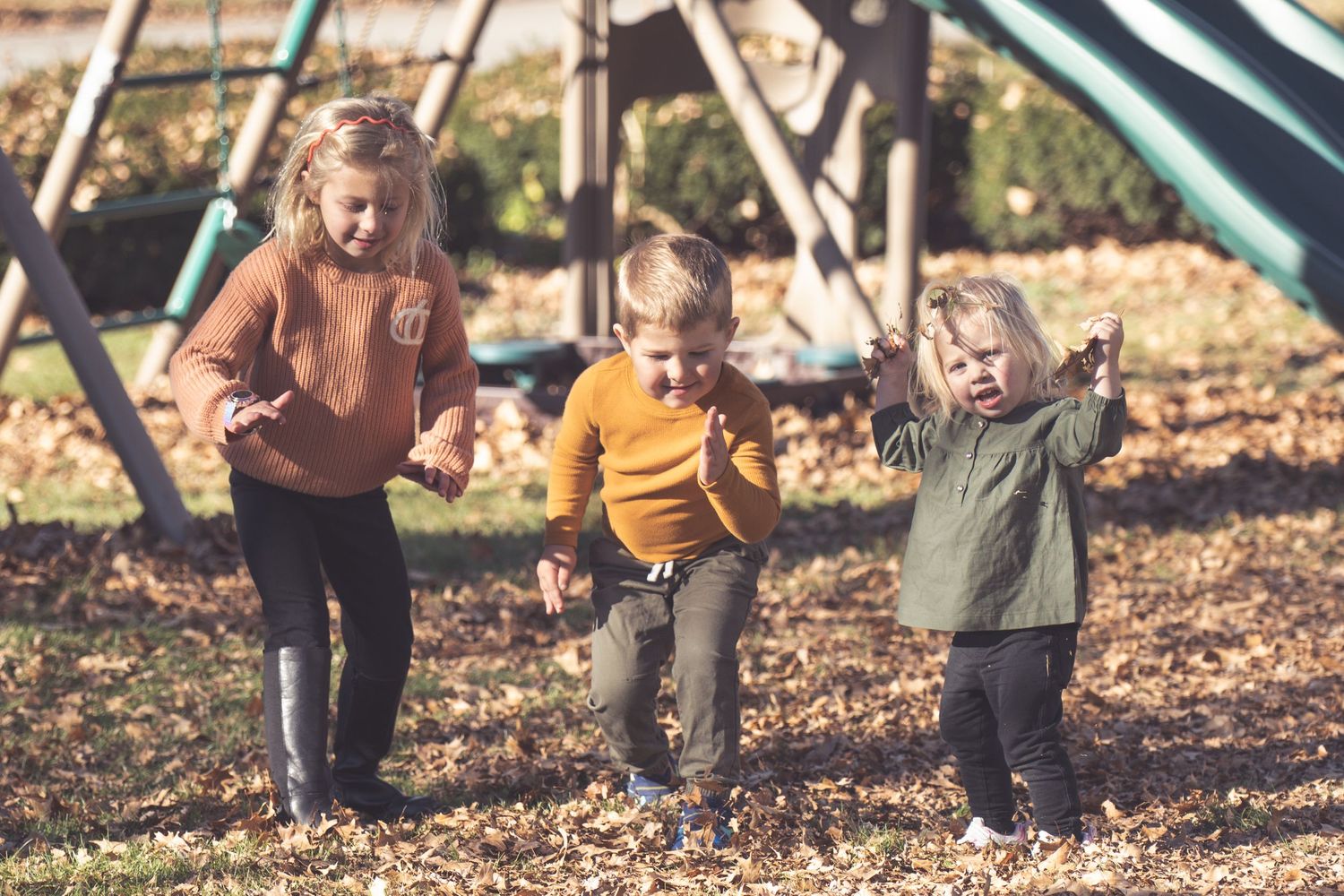 Playful outdoor scene with playground equipment and fallen leaves.