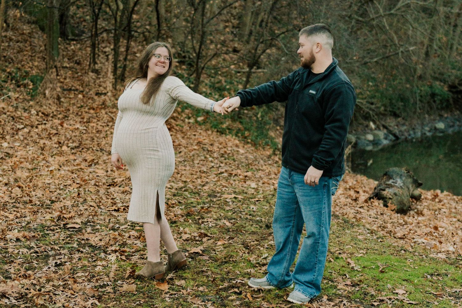 Playful maternity photoshoot sequence showing couple interacting in fall setting.