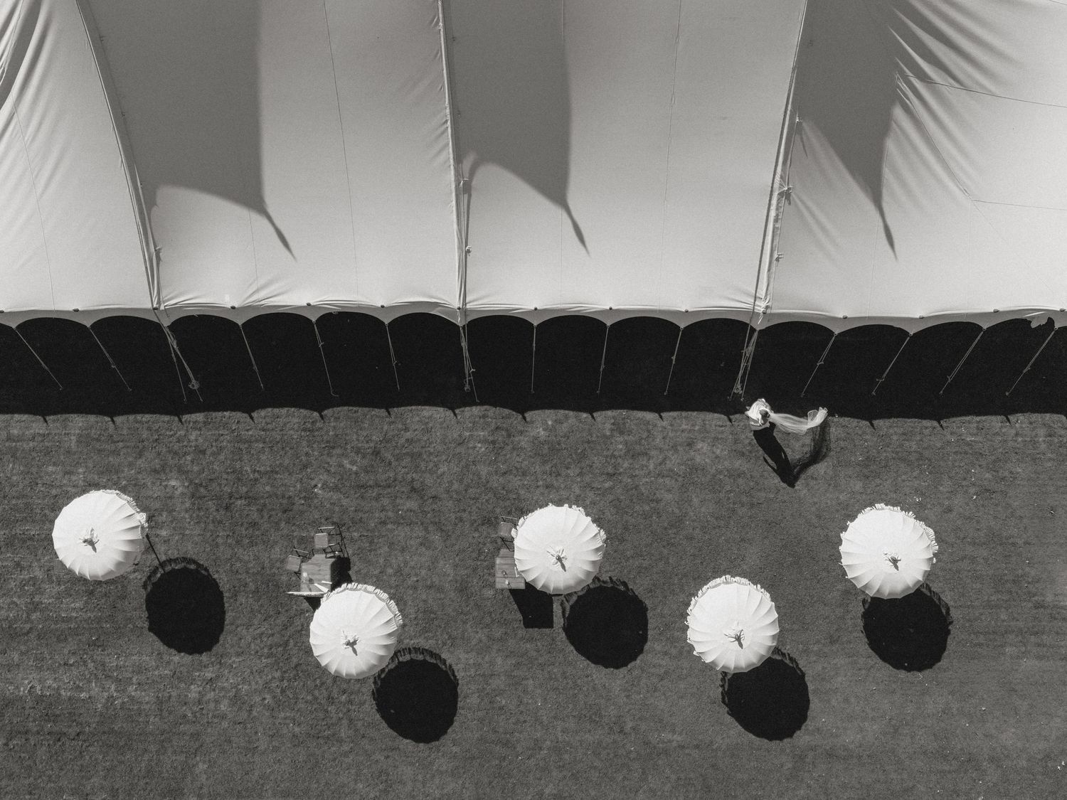 Aerial black and white photo of white umbrellas and people on grass beside a striped tent.