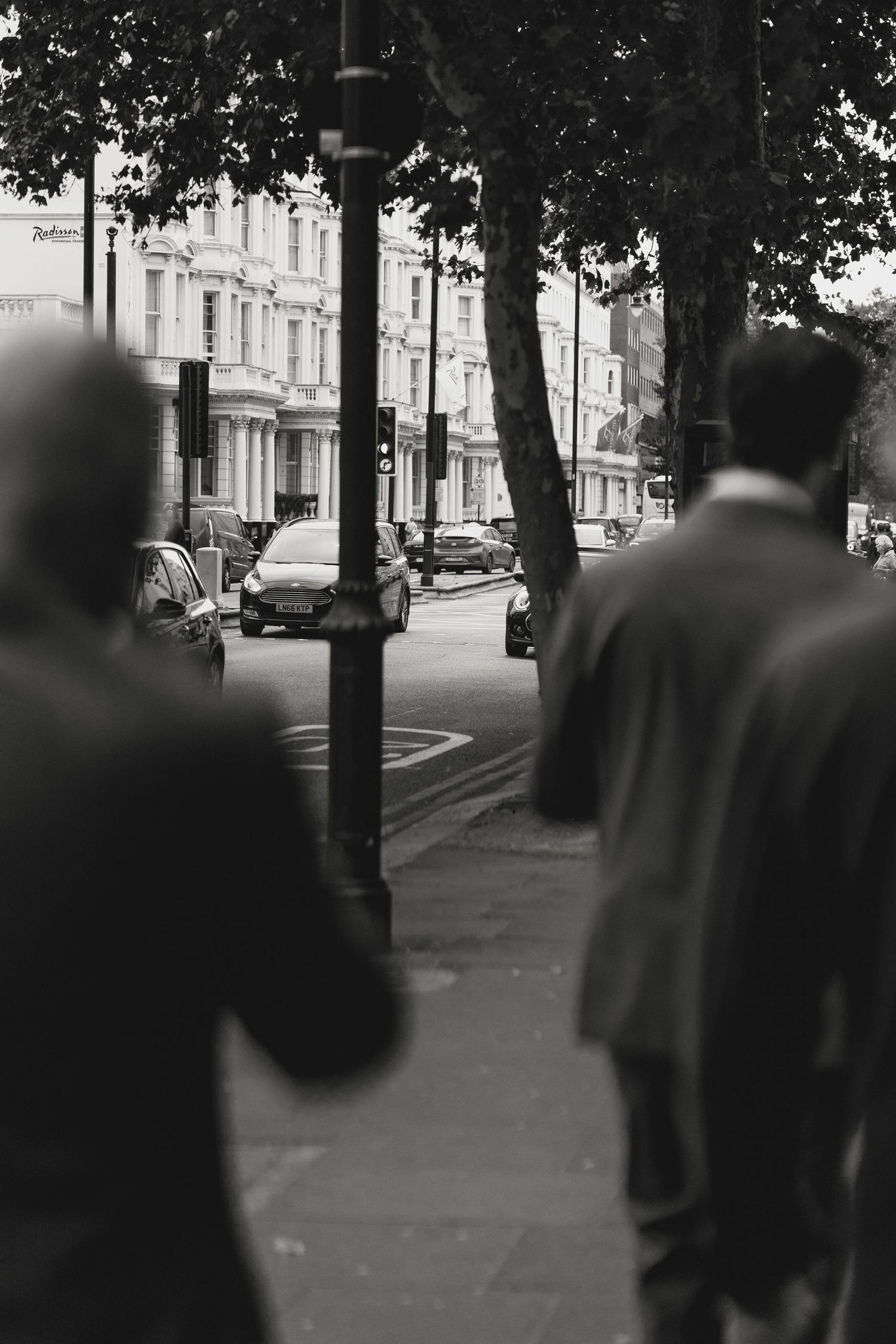 People walking on a tree-lined city street in black and white.