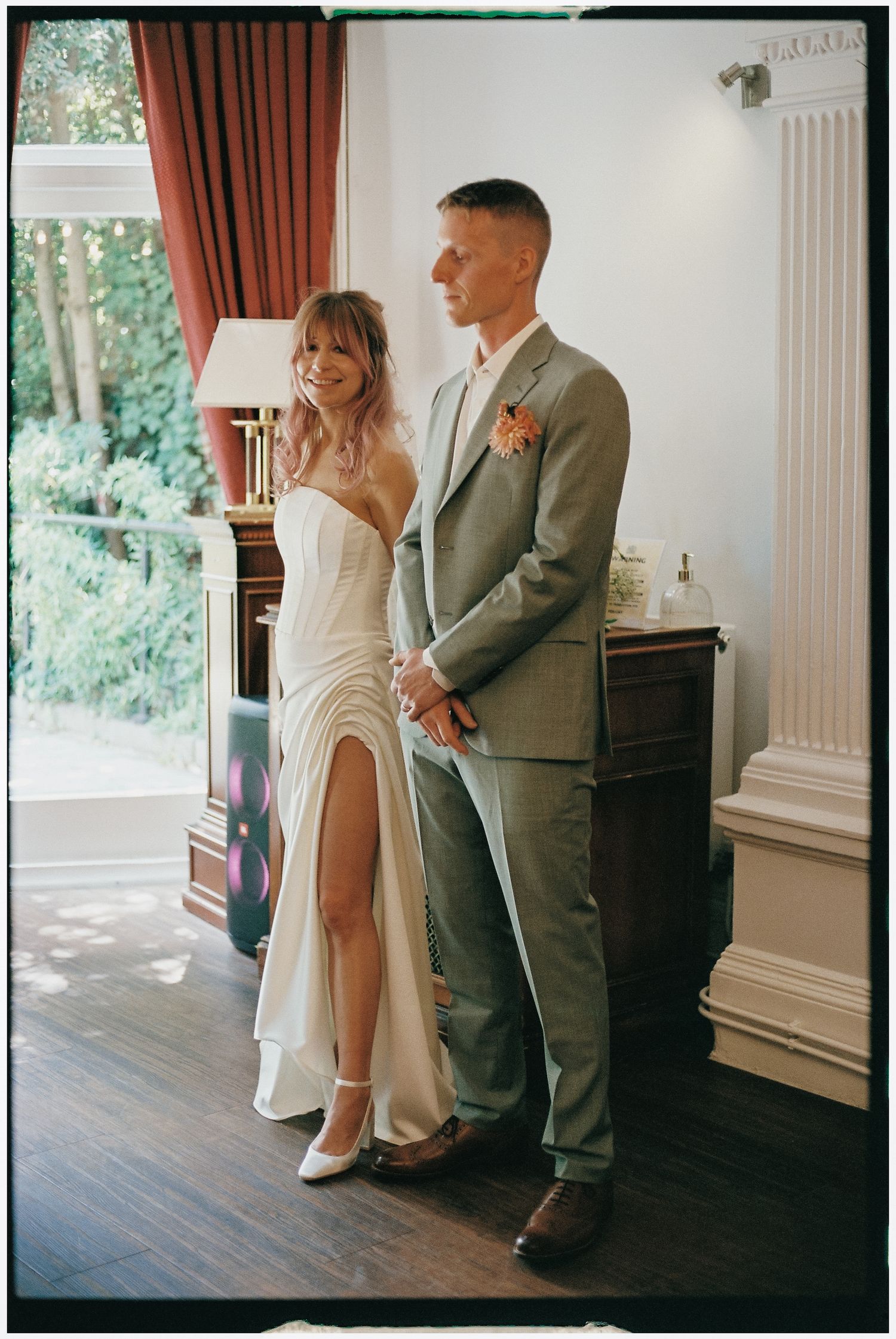 A series of romantic wedding photos showing a couple posing together in an elegant indoor setting.