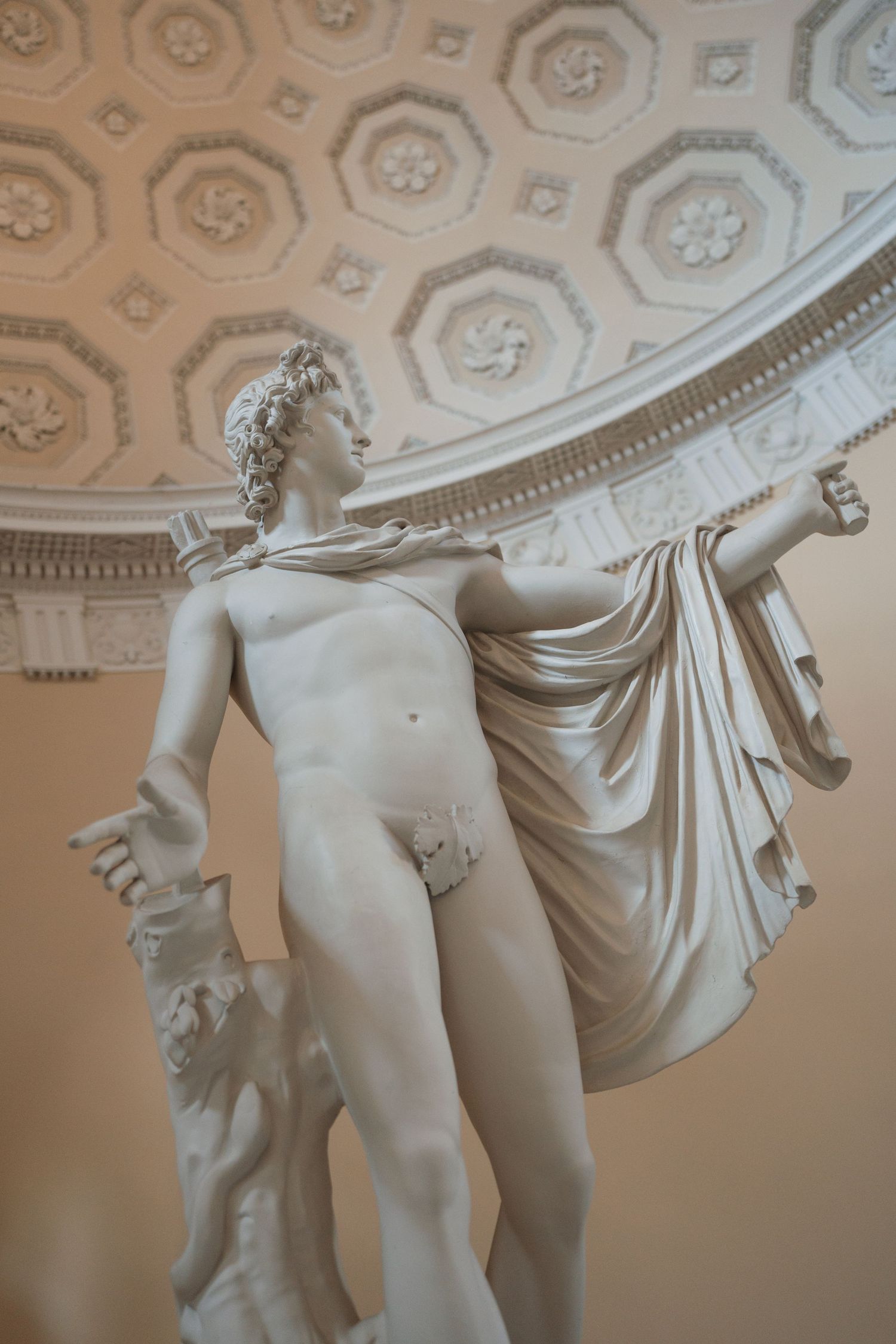 Classical white marble statues displayed against an ornate curved ceiling with decorative moldings.