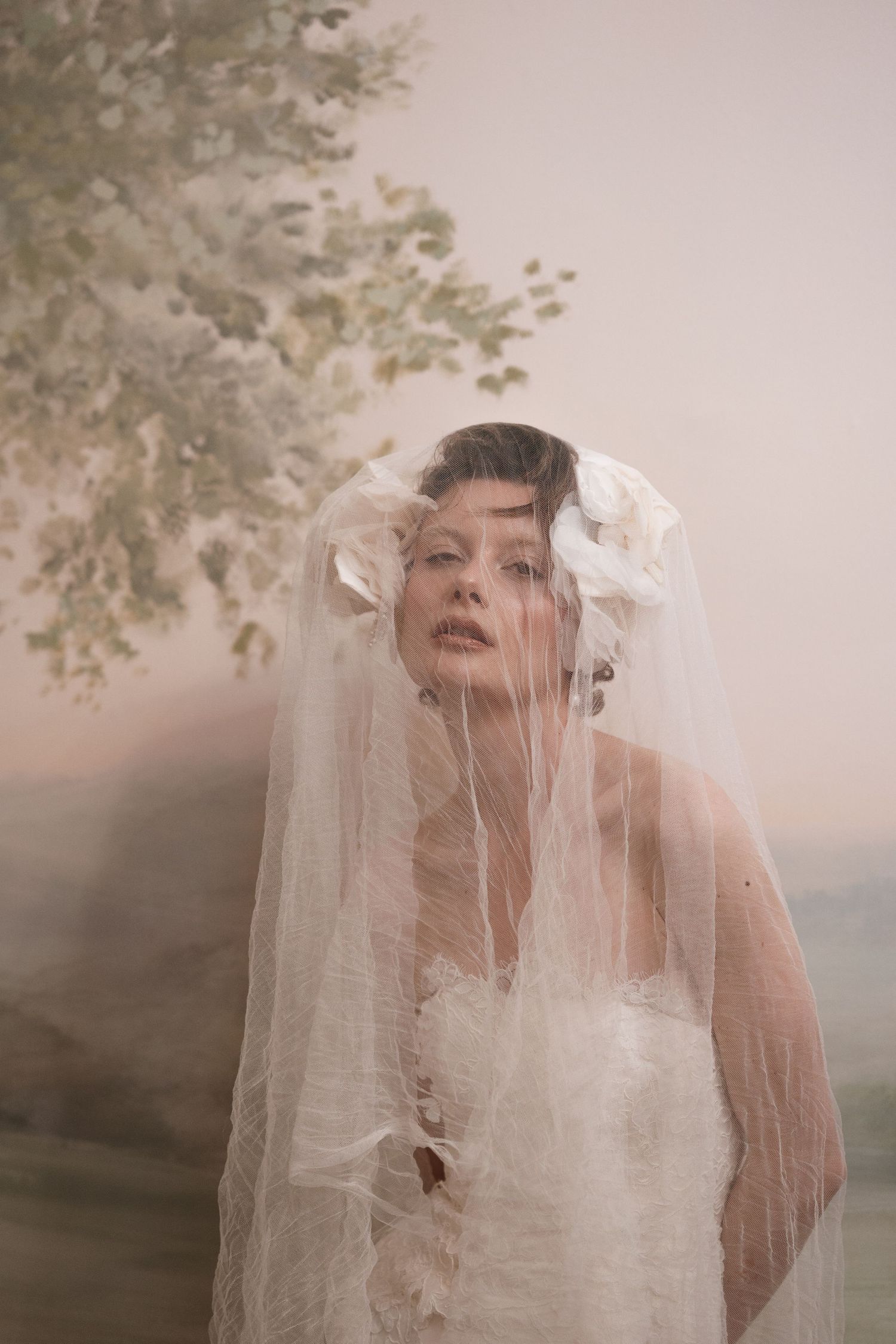 Dreamy bridal portrait with soft veil overlay and delicate lighting.