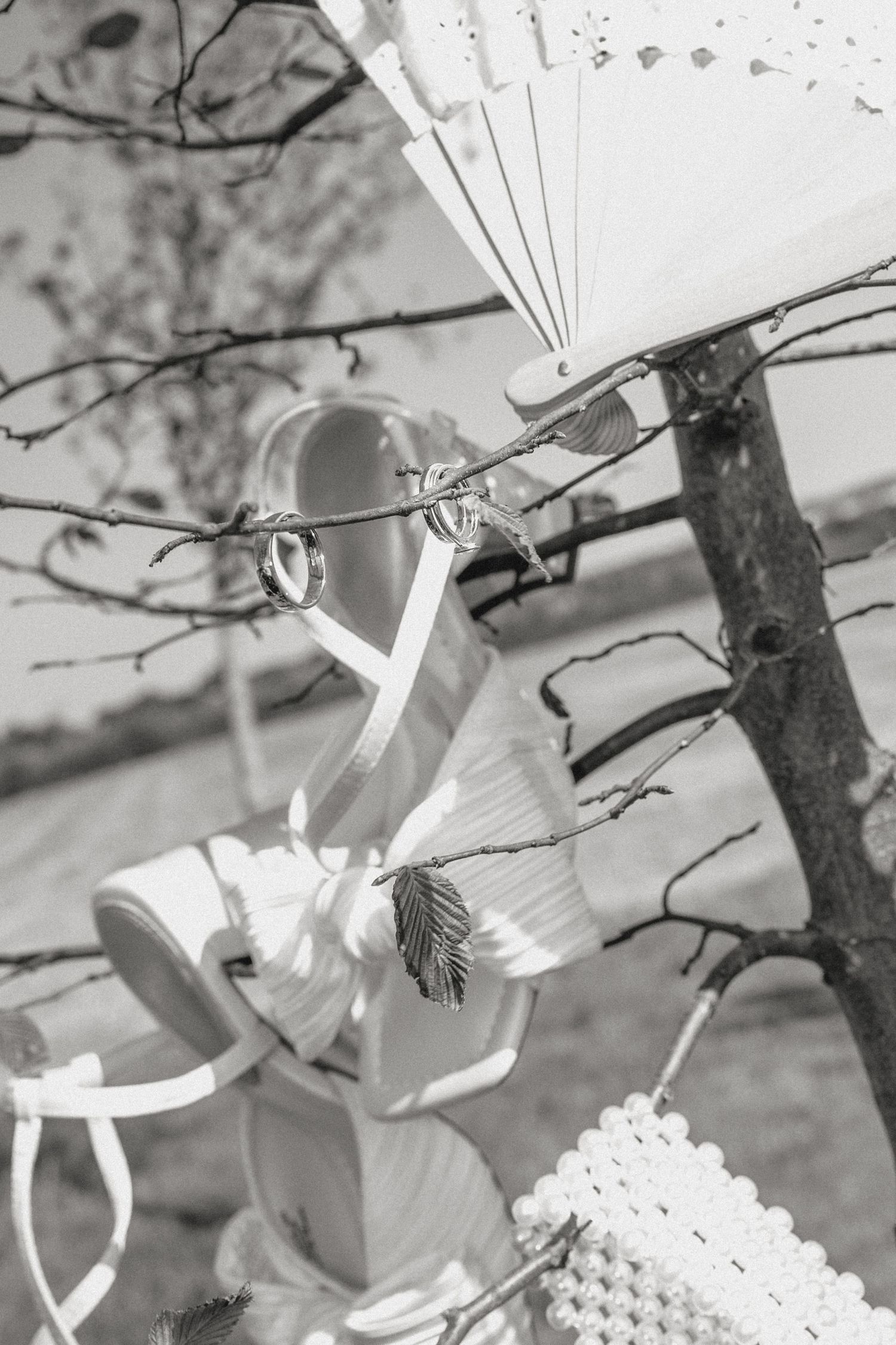 White paper decorations and streamers hang from tree branches at an outdoor event.