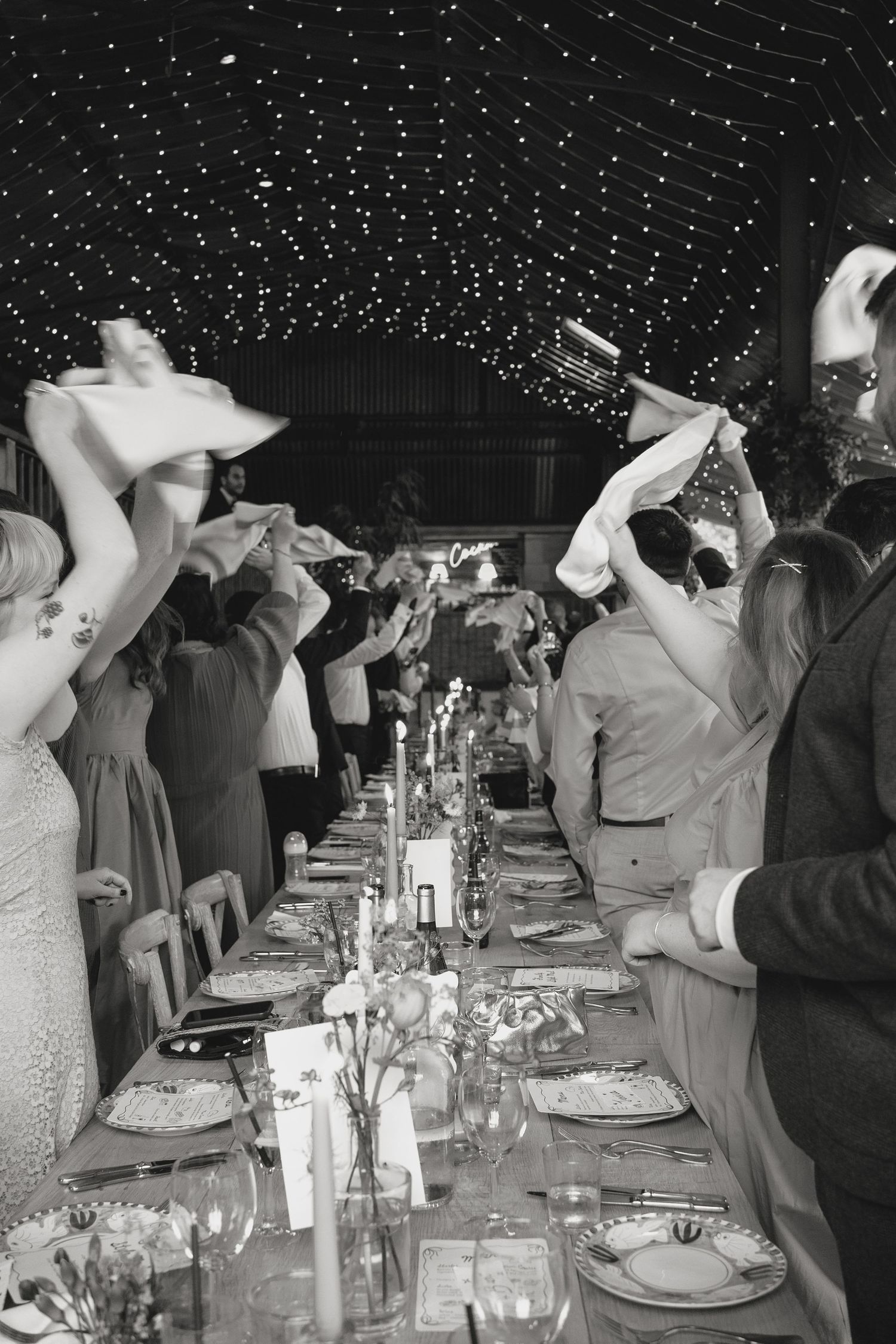 Wedding reception guests raising their glasses for a toast under twinkling lights.