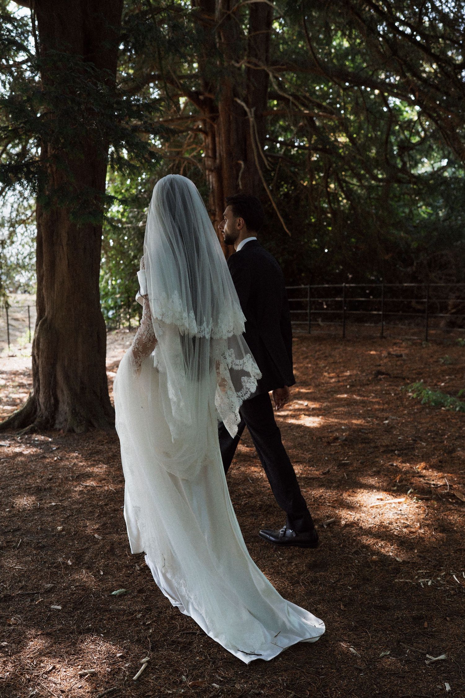 A couple walks through a shaded forest path with streaming sunlight between tall trees.