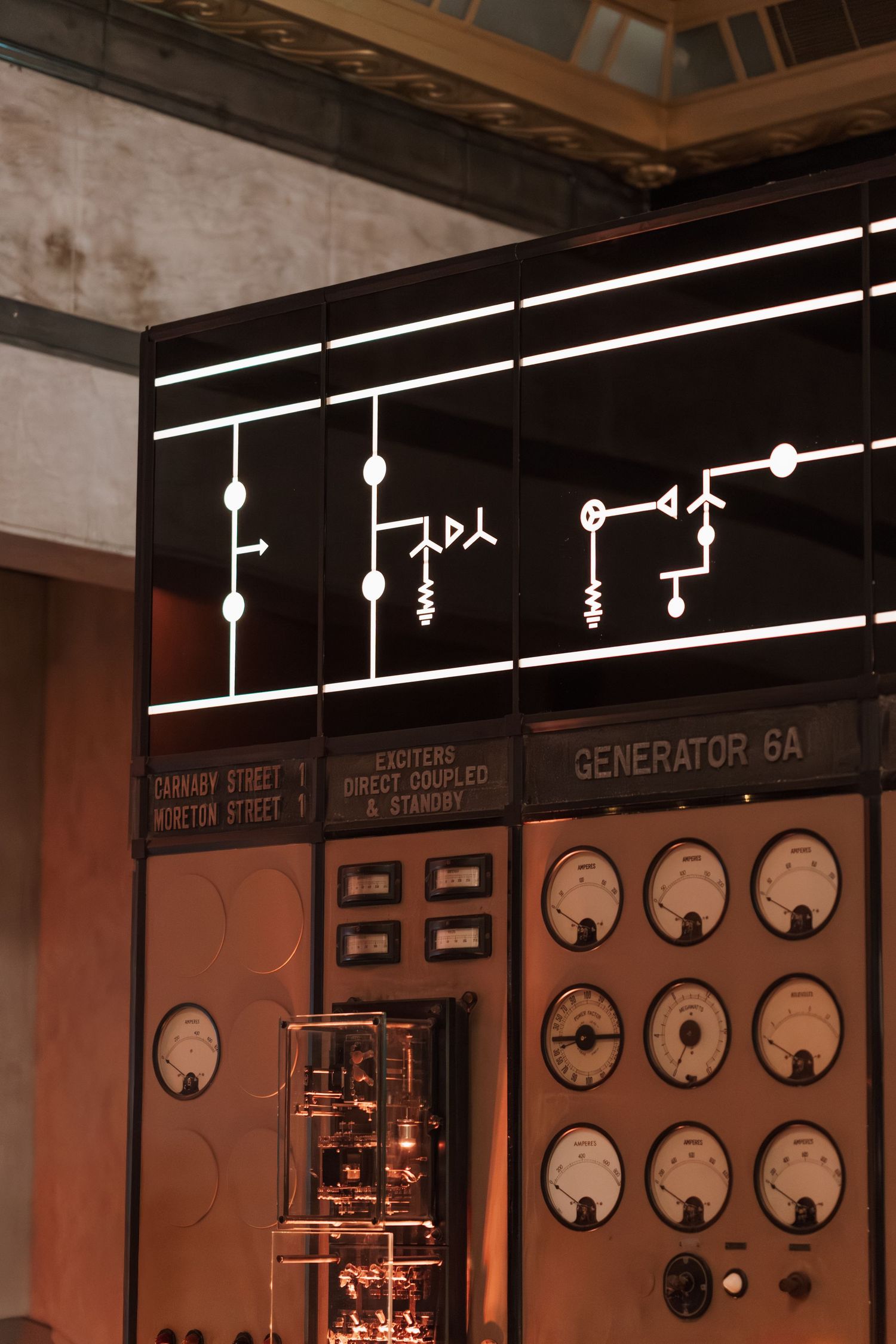 Industrial-style room with vintage control panels and gauges mounted on walls.