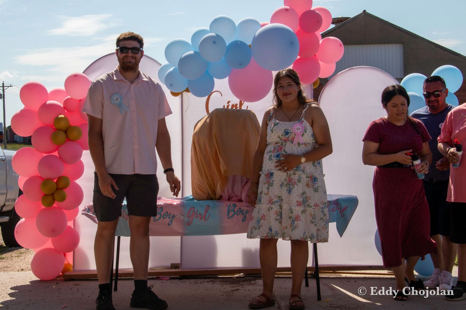 People gathered outdoors with pink and blue balloons creating a festive atmosphere at a celebration event.