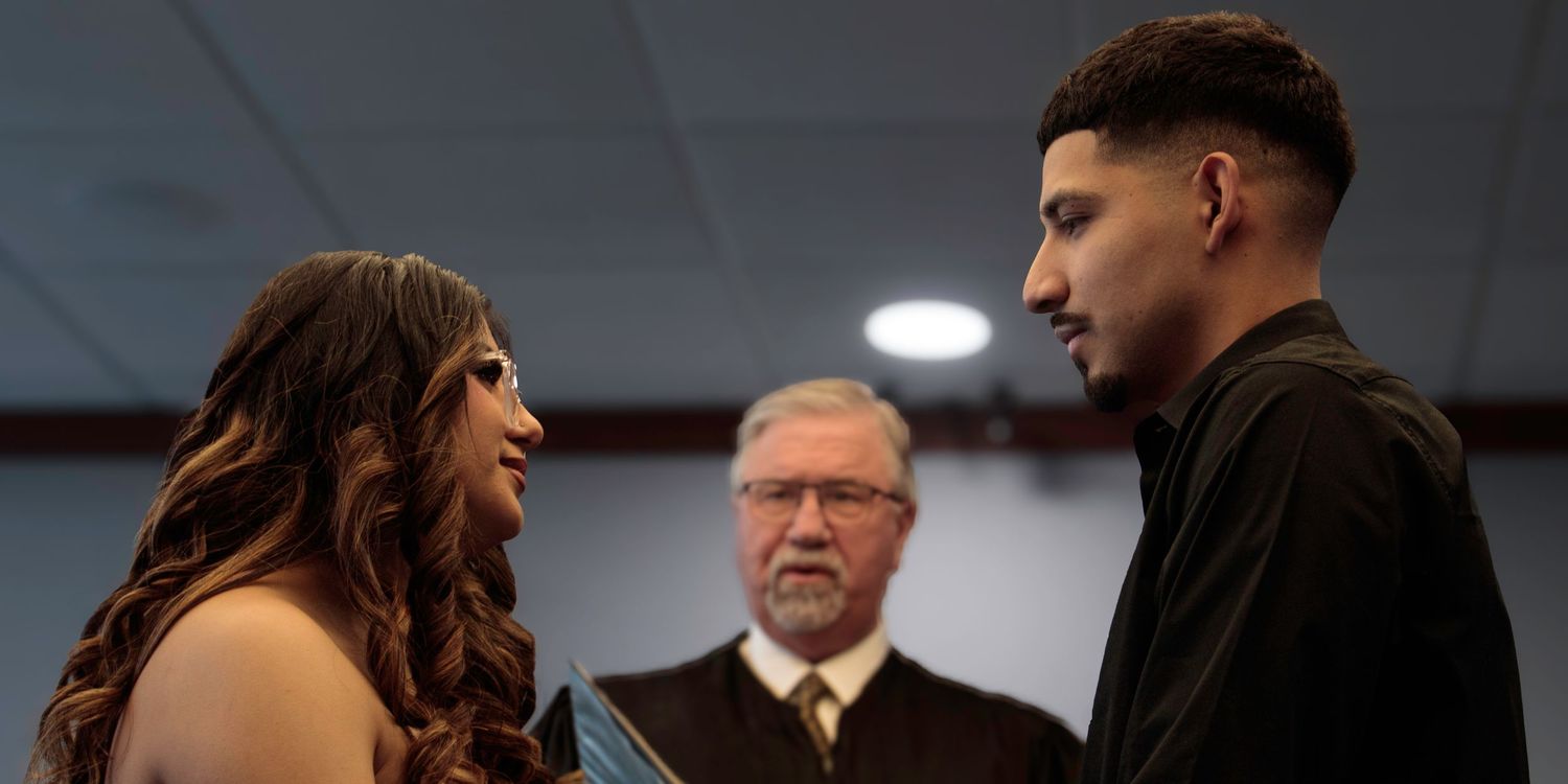 Three people in a dramatic confrontation during what appears to be a wedding ceremony.