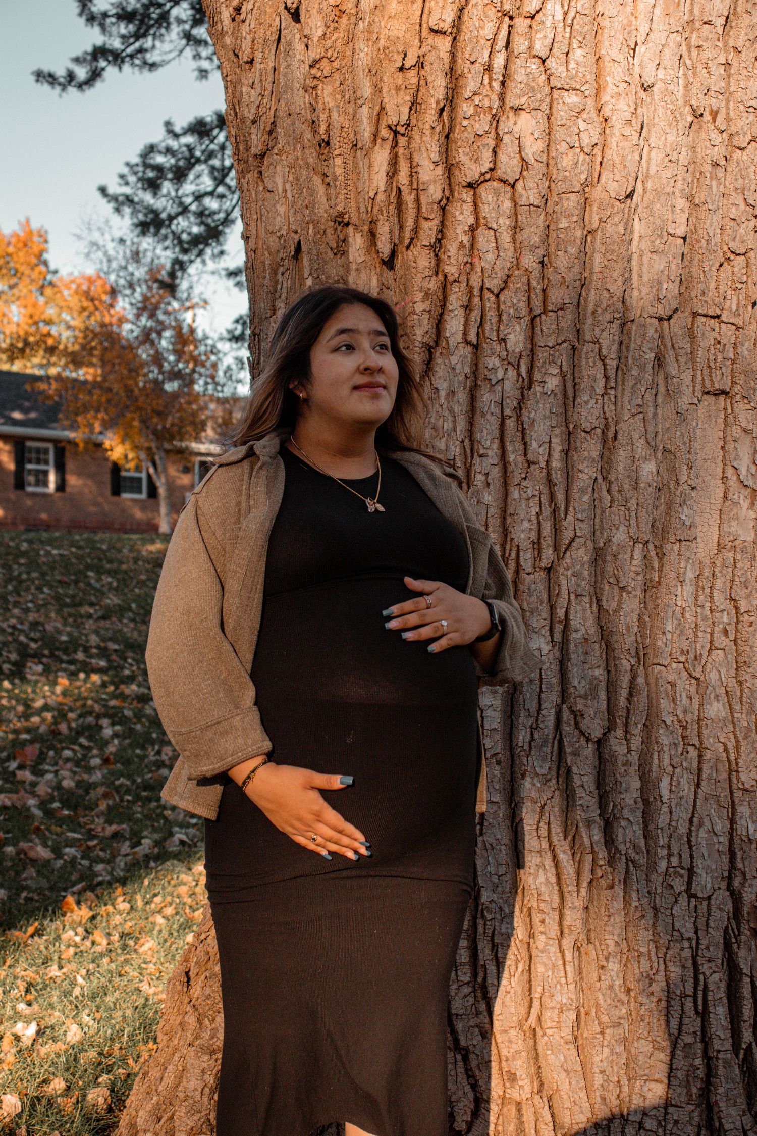 Autumn maternity photos against a textured tree bark background.