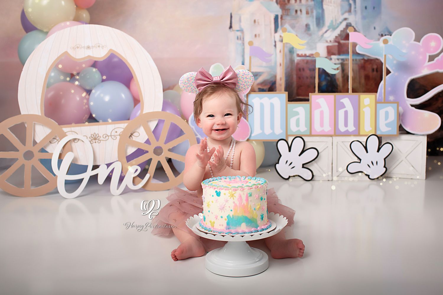 Disney themed first birthday Cake Smash photoshoot; princess Disney birthday photos Lexington, SC; best photographer Lexington, SC