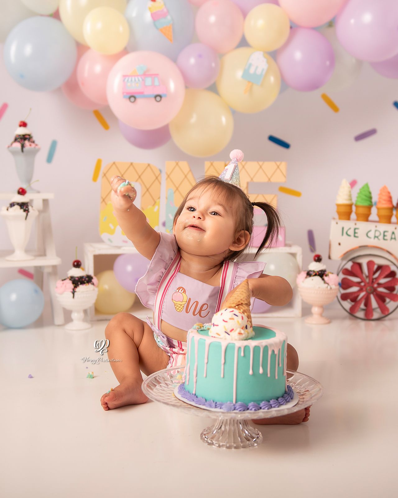 Baby girl birthday Ice Cream Cake Smash; baby girl with balloons birthday photoshoot Lexington, SC Cake Smash photograph