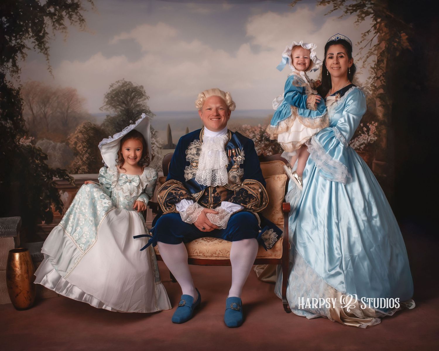 Baroque, gilded-age, victorian themed family portrait in professional portrait studio Lexington, South Carolina; family photography