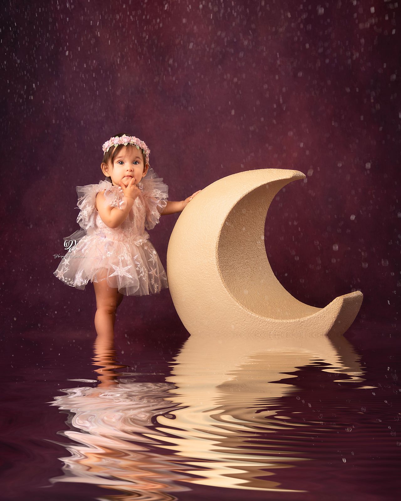Baby girl sitter photoshoot baby girl standing near moon prop with stars wearing pink tulle dress and headband; Lexingto