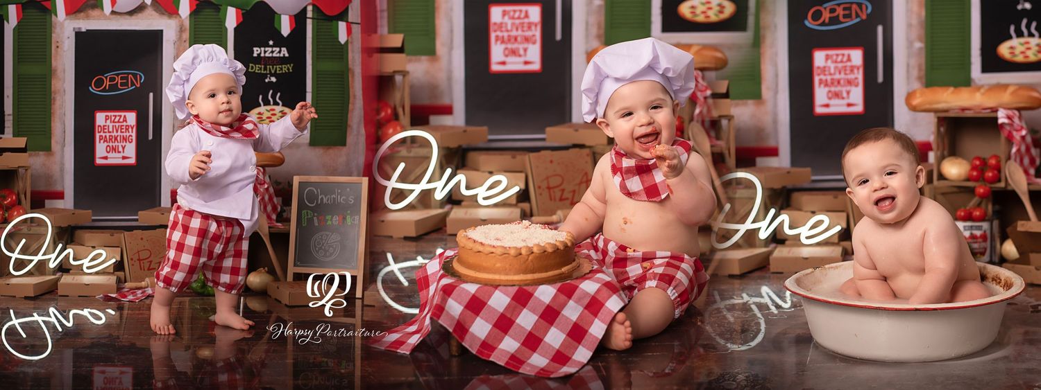 Pizza-themed Cake Smash first birthday photoshoot professional photography studio Lexington, SC; best photographer Lexington, SC; baby