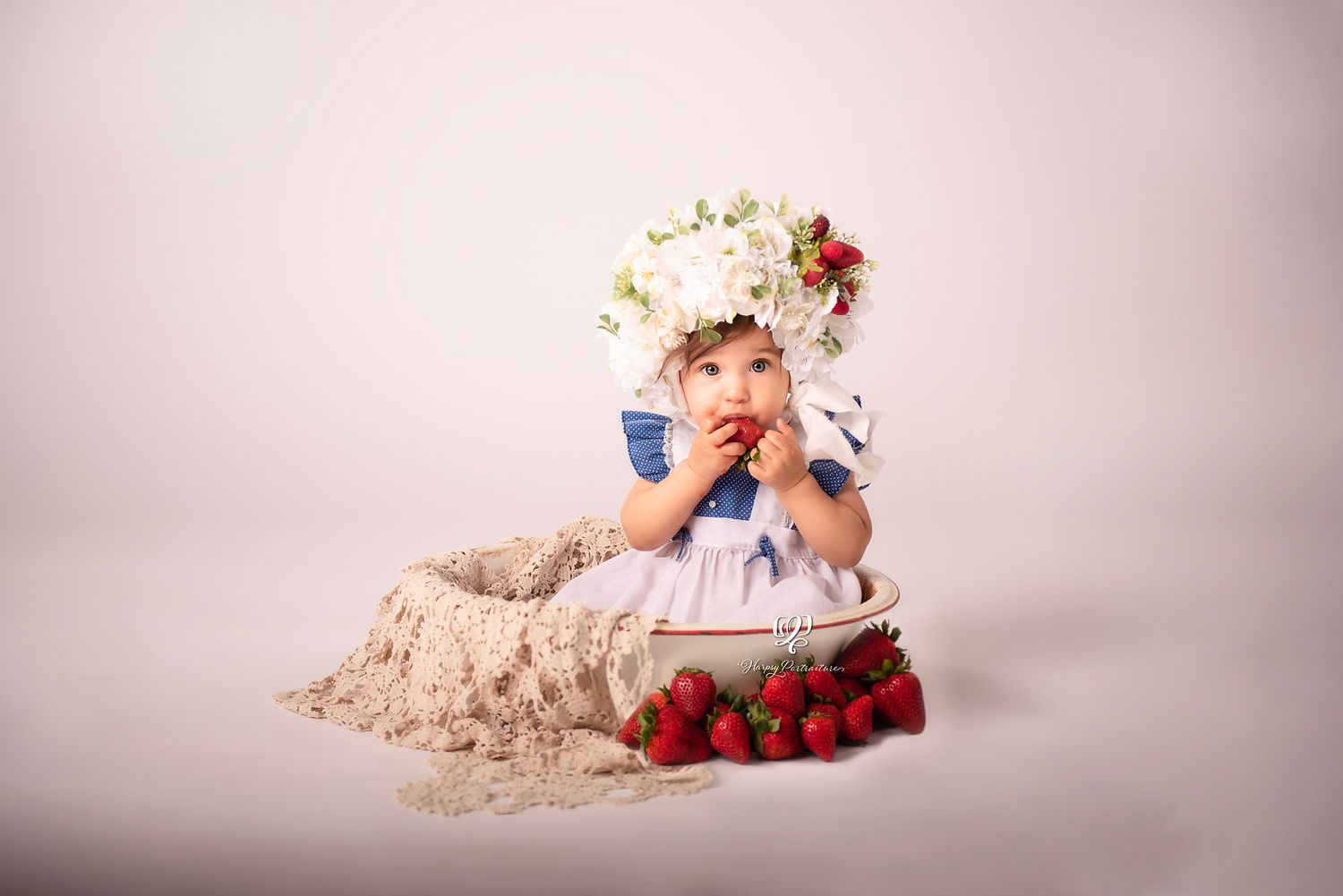 Baby eating strawberries with vintage dress studio photoshoot Sitter Session Lexington, SC photography; first year baby 