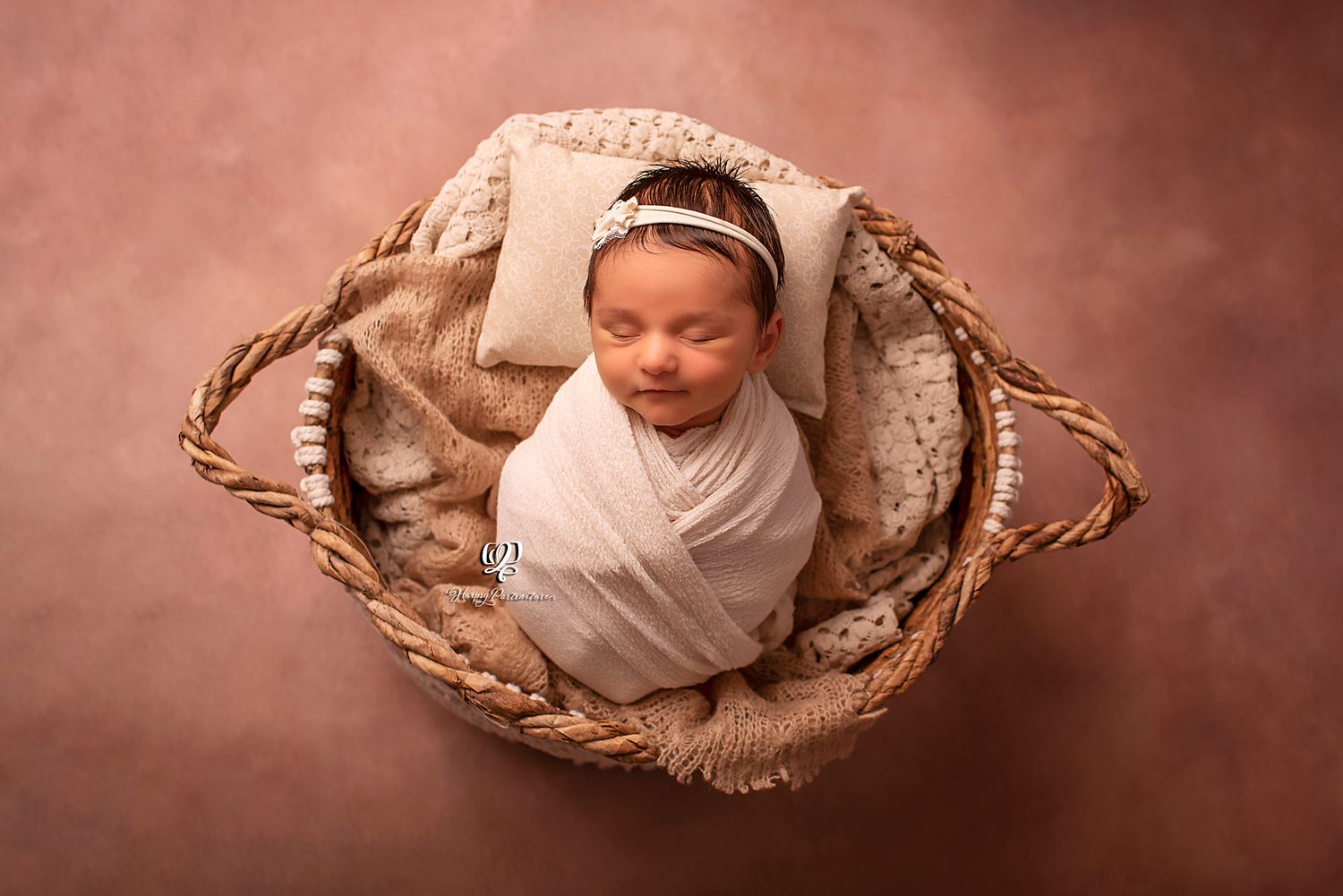 Newborn baby girl wrapped & swaddled photoshoot with baby in basket; Lexington, SC newborn photographer; Lexington, SC p