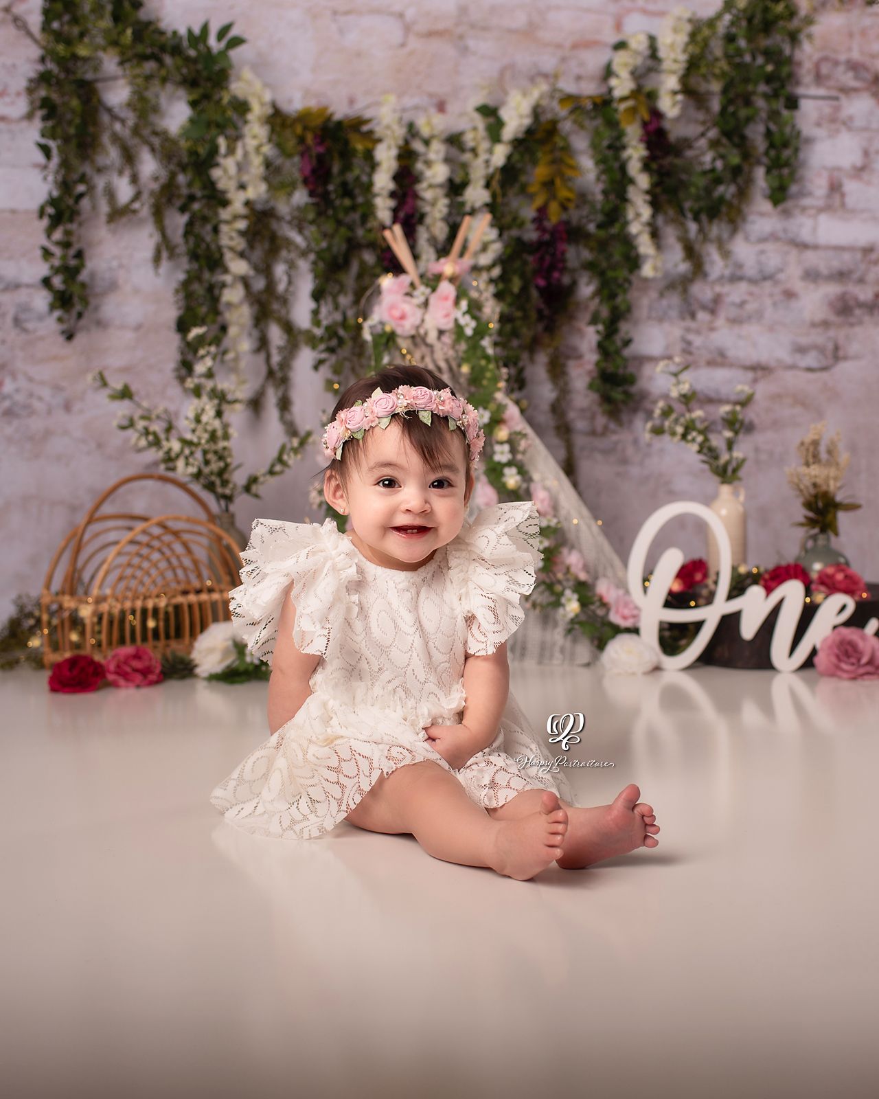 Baby girl birthday Cake Smash session flower boho Lexington, SC Cake Smash photographer best; bday photoshoot