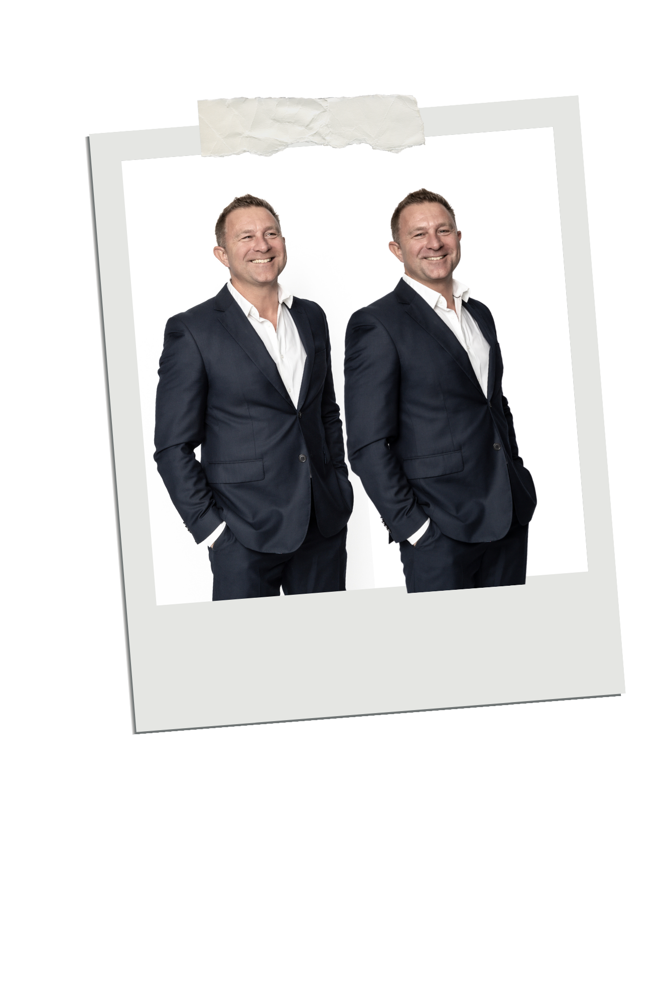 Professional business portrait of person in dark suit smiling against white background in doubled mirror effect.