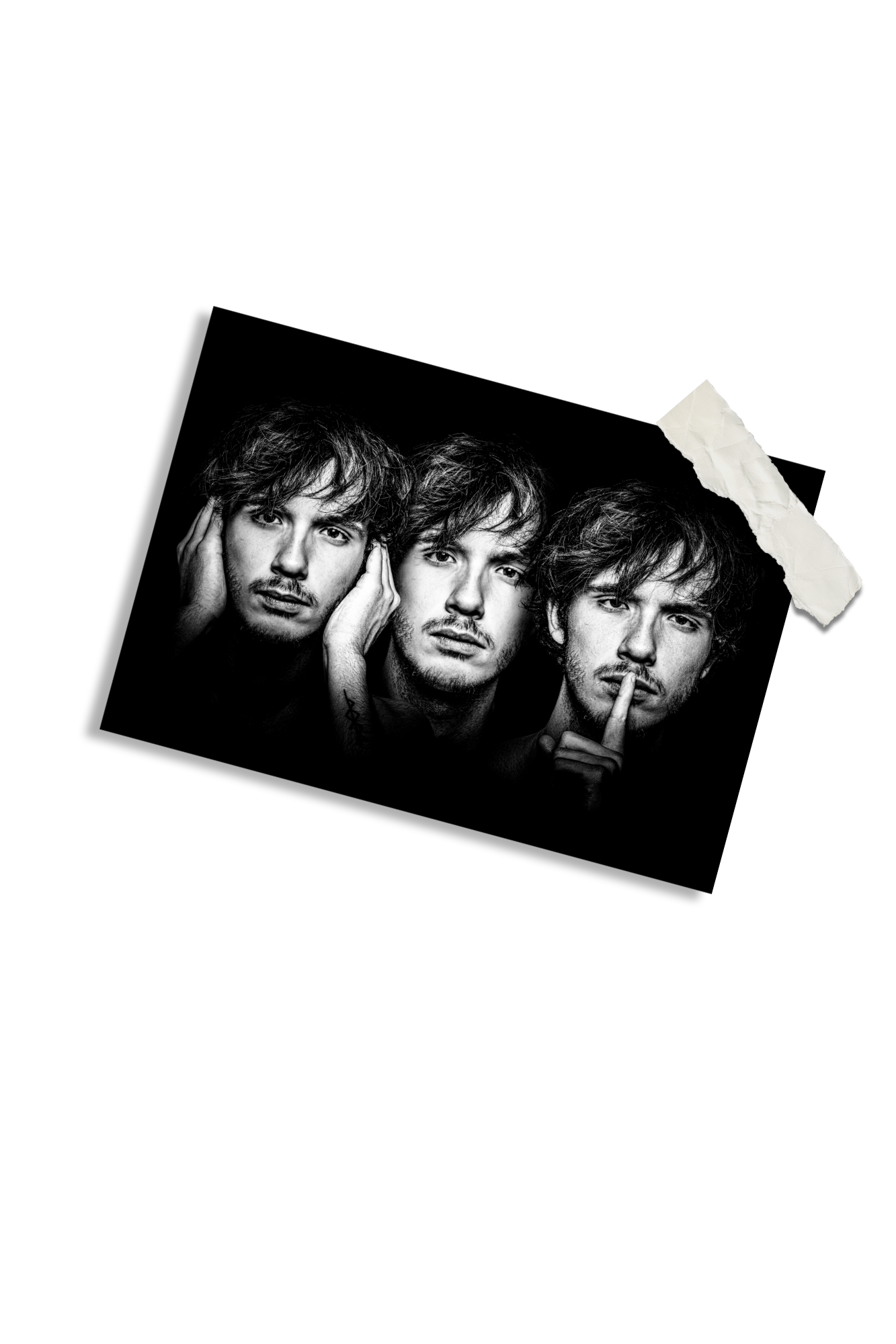 A black and white artistic portrait showing three identical poses of a person with tousled hair and moody lighting.