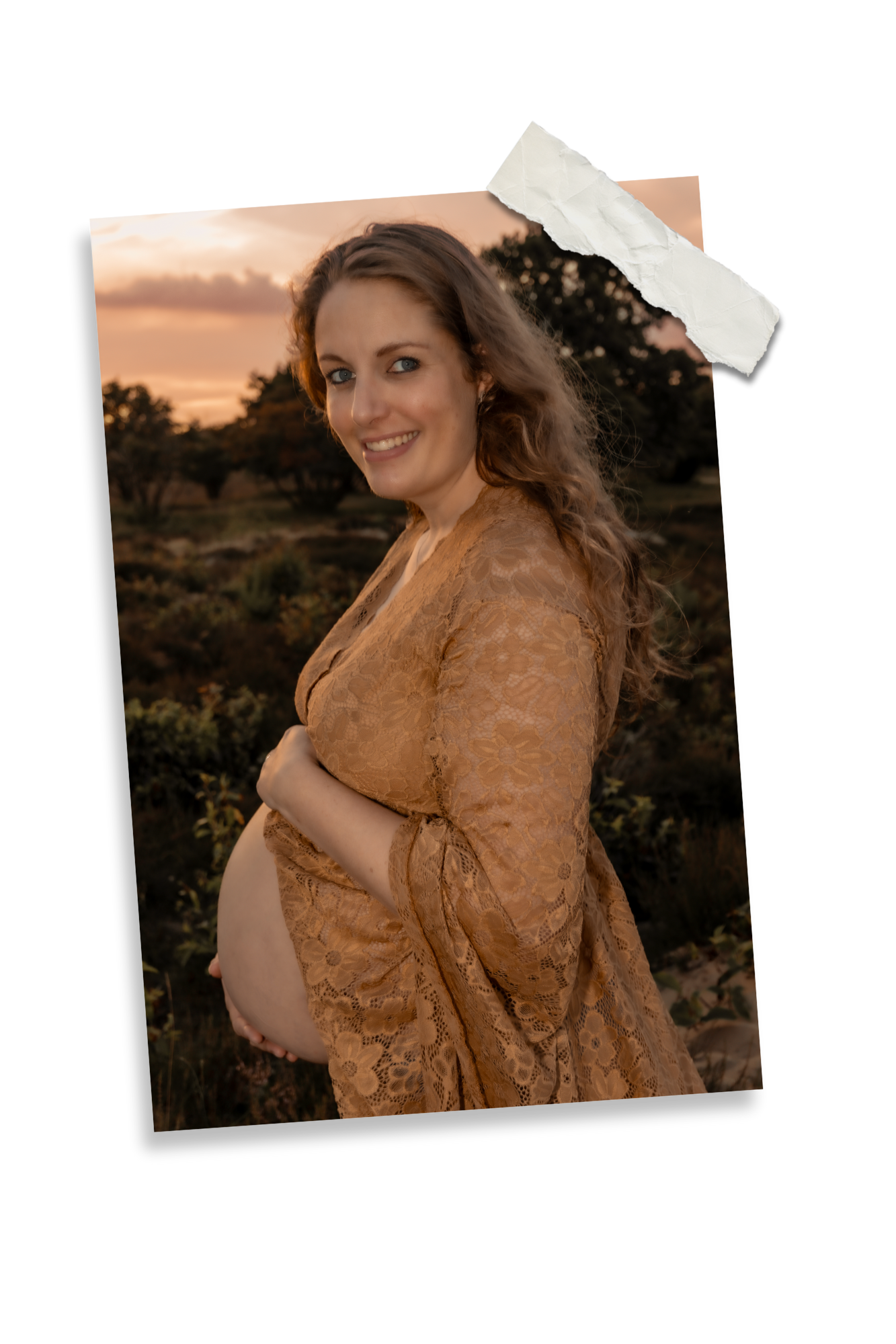 A maternity portrait shows an expectant mother in a lace tan dress against a sunset backdrop outdoors.